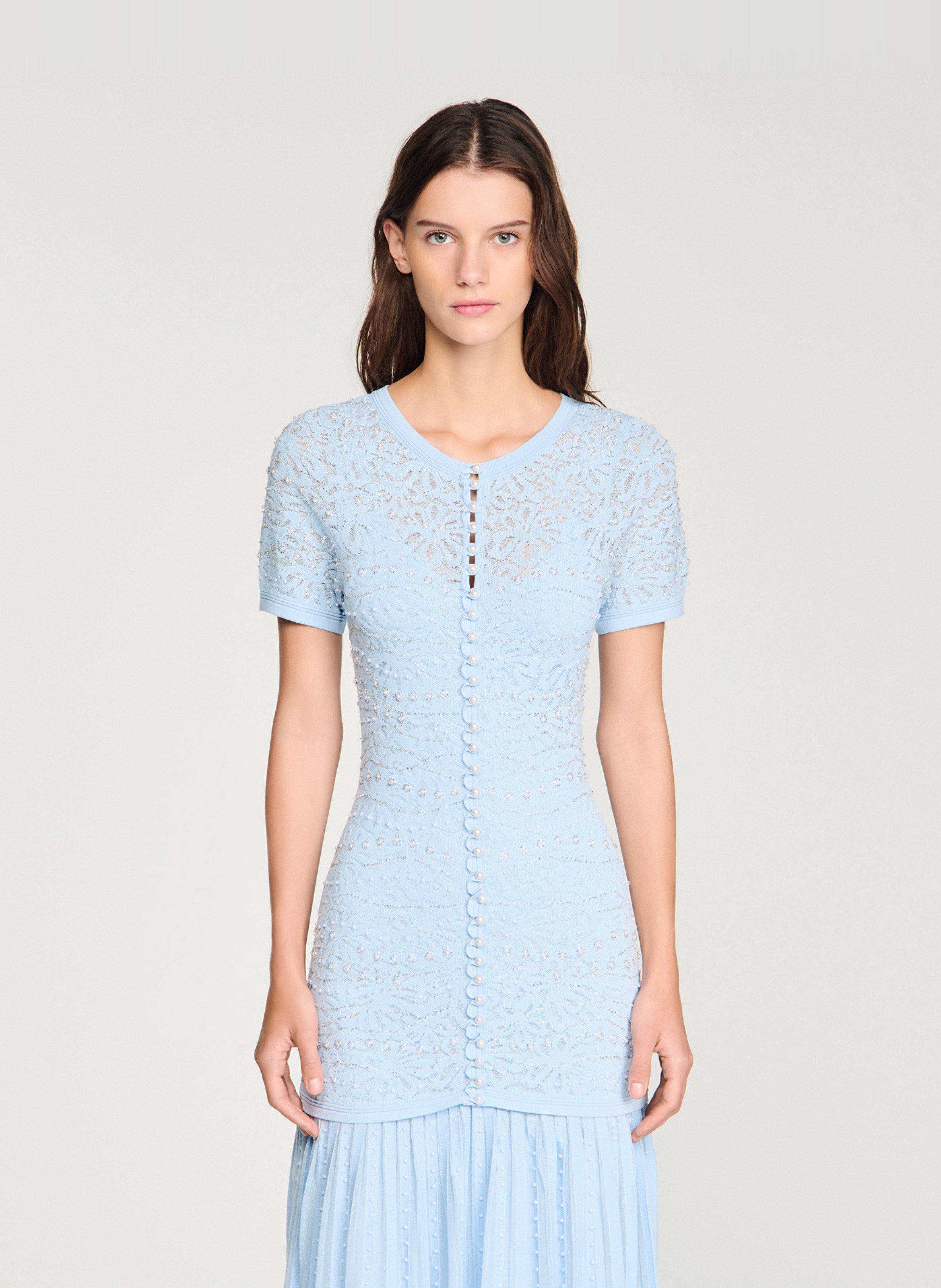 Robe longue col rond en maille SANDRO Bleu