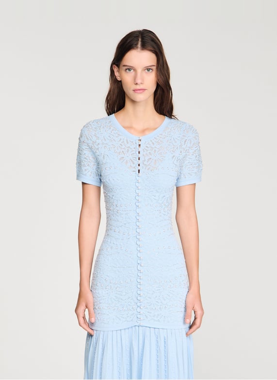 Long round-Neck knit dress Blue Sandro - Women | Place des Tendances Long round-Neck knit dress Blue Sandro - Women | Place des Tendances