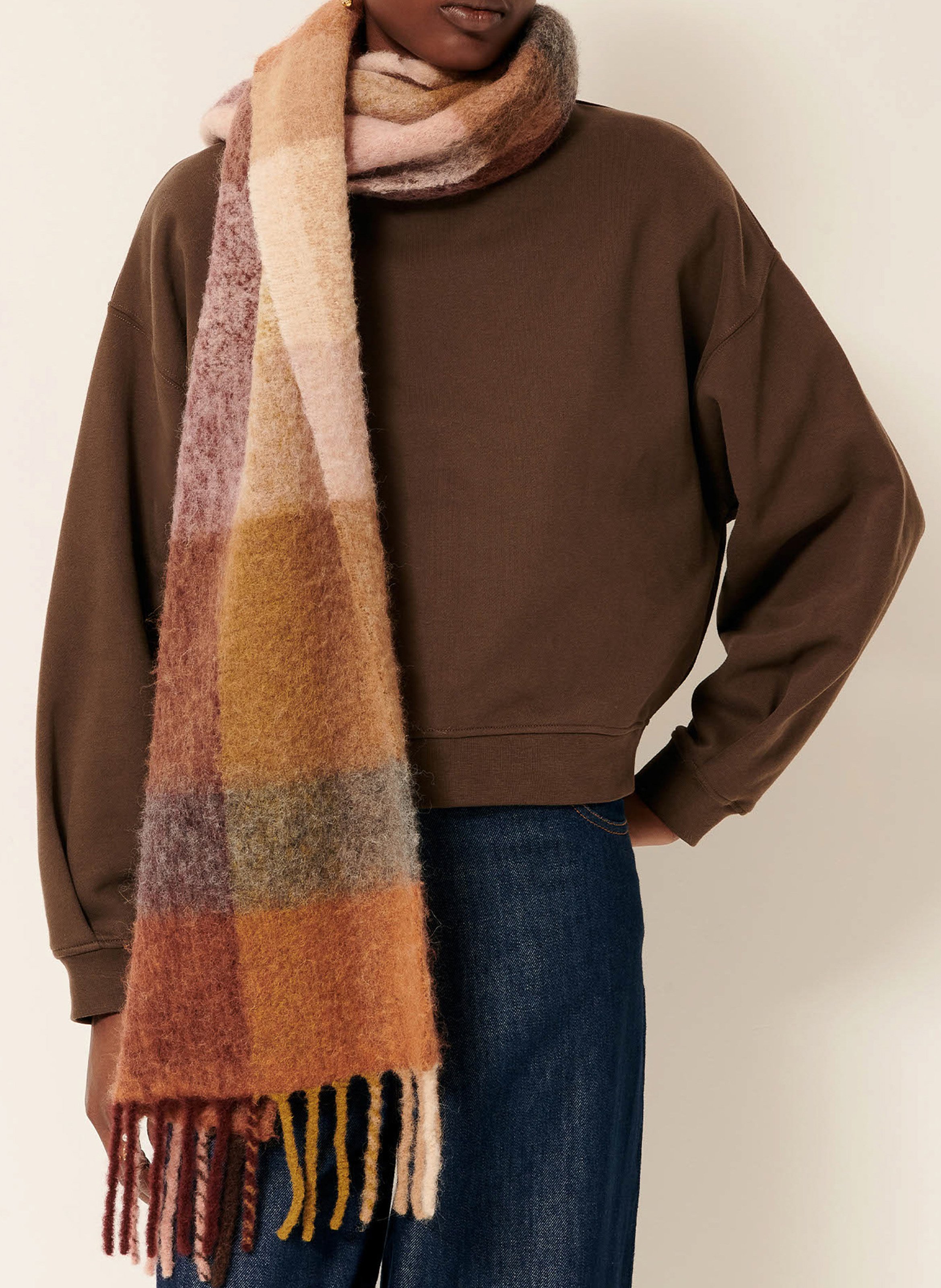 Fringed checkered wool blend scarf SESSUN Blue