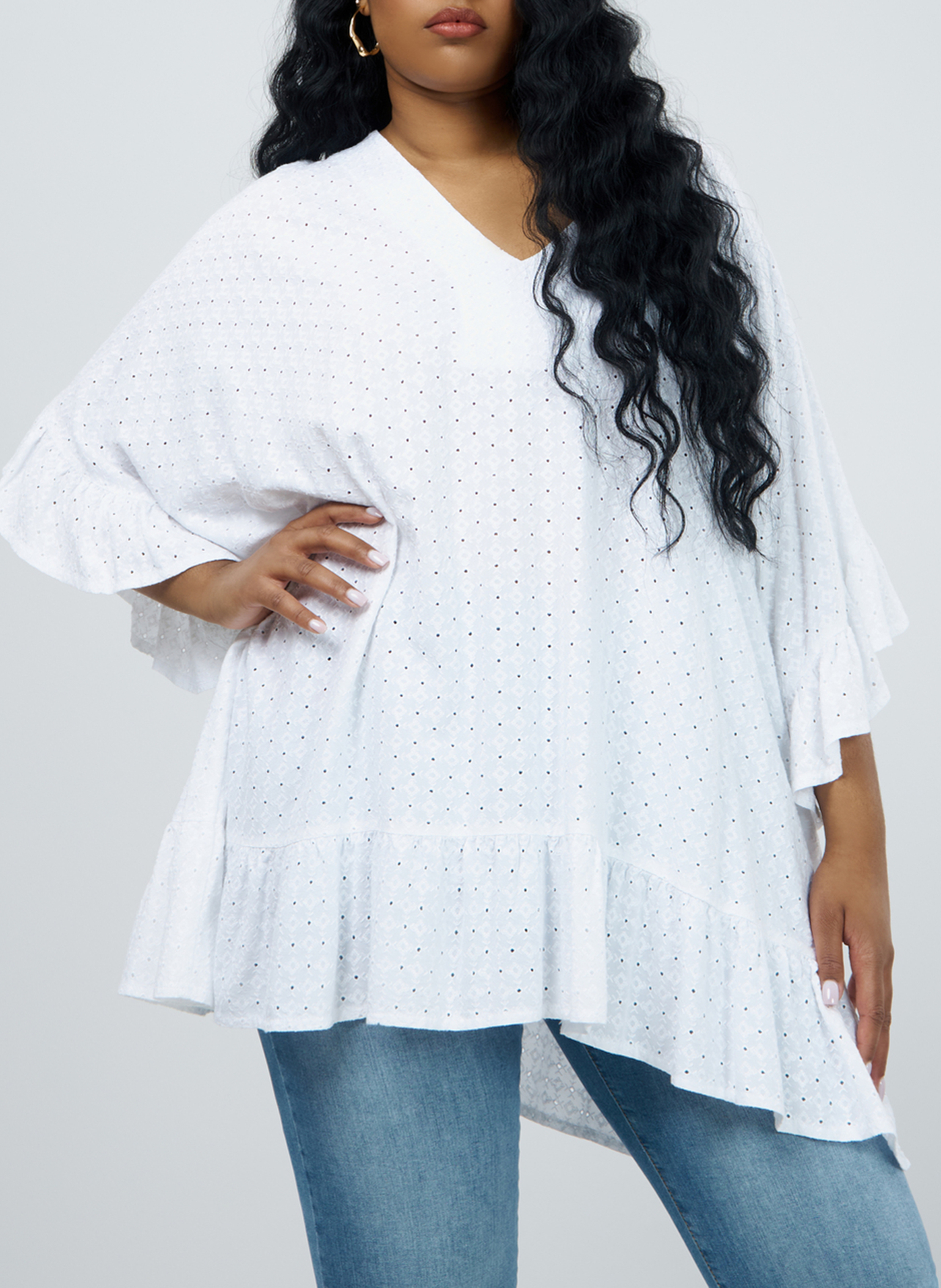 Blouse col V à volants  MAT FASHION Blanc