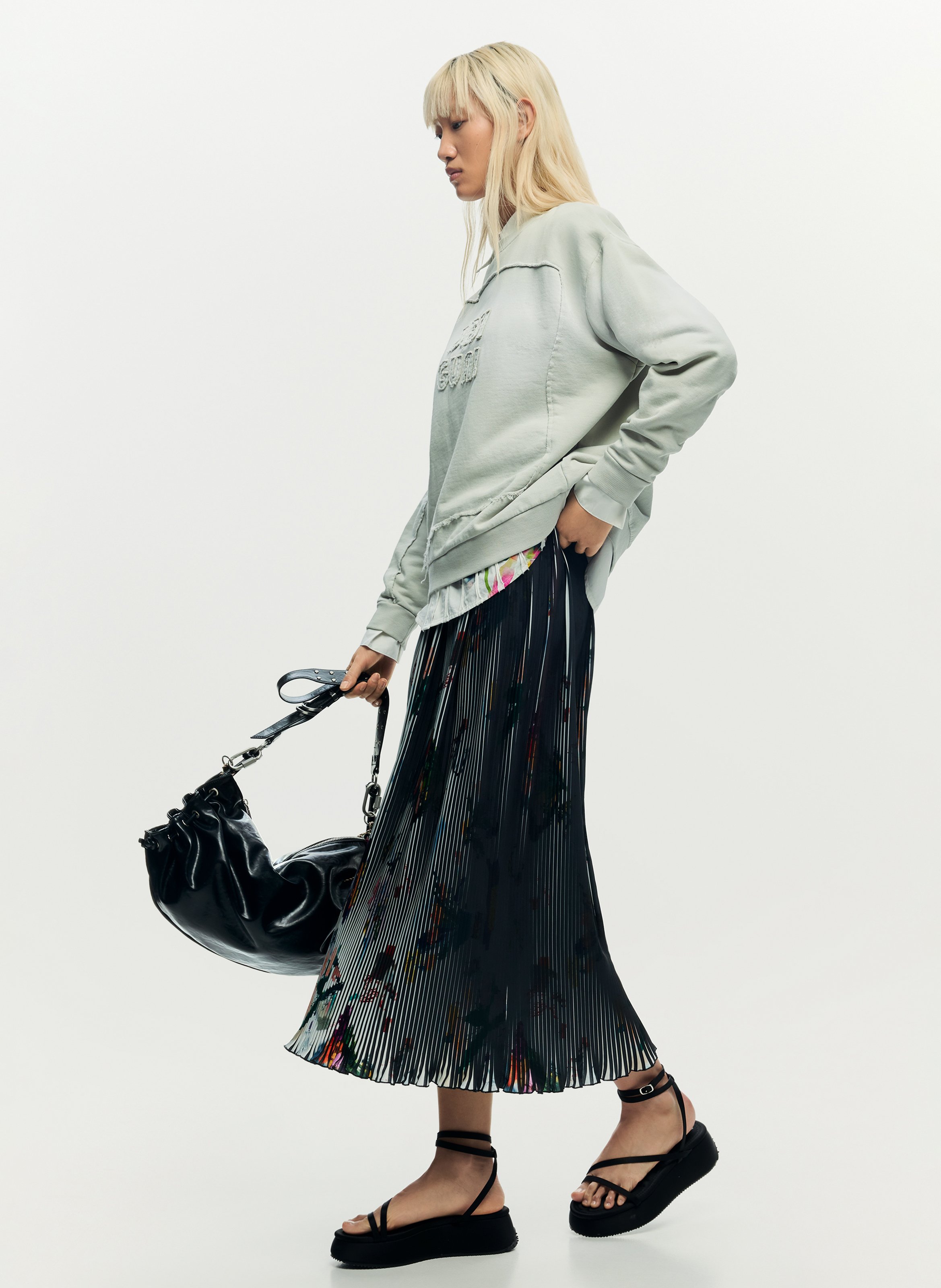 Jupe midi évasée texturée DESIGUAL Noir