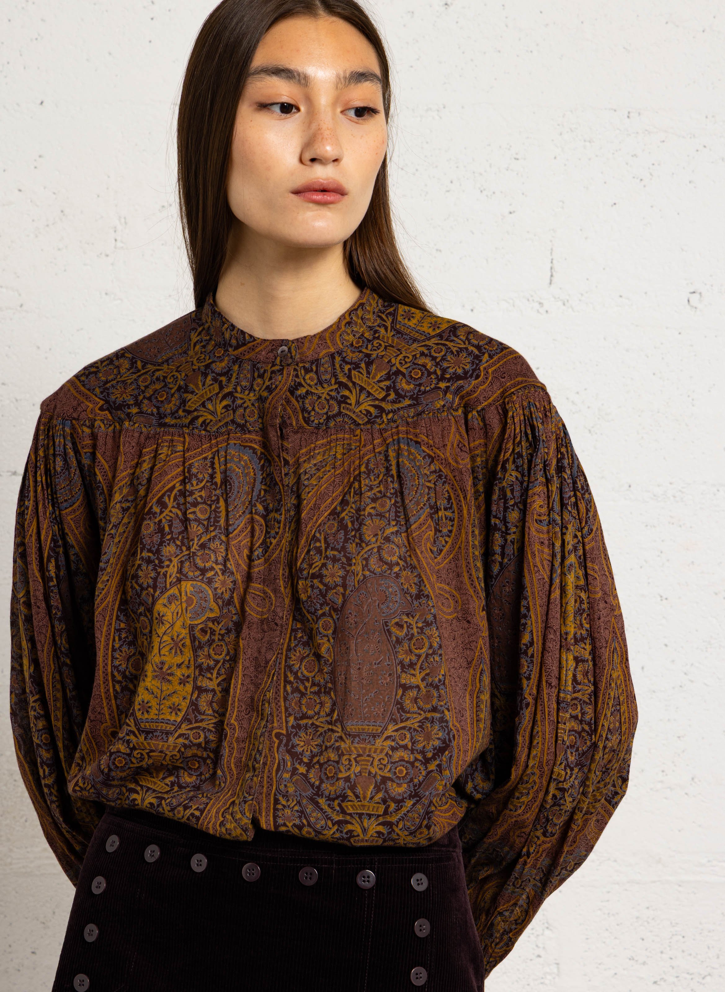 Chemise ample col mao en coton ANTIK BATIK Marron