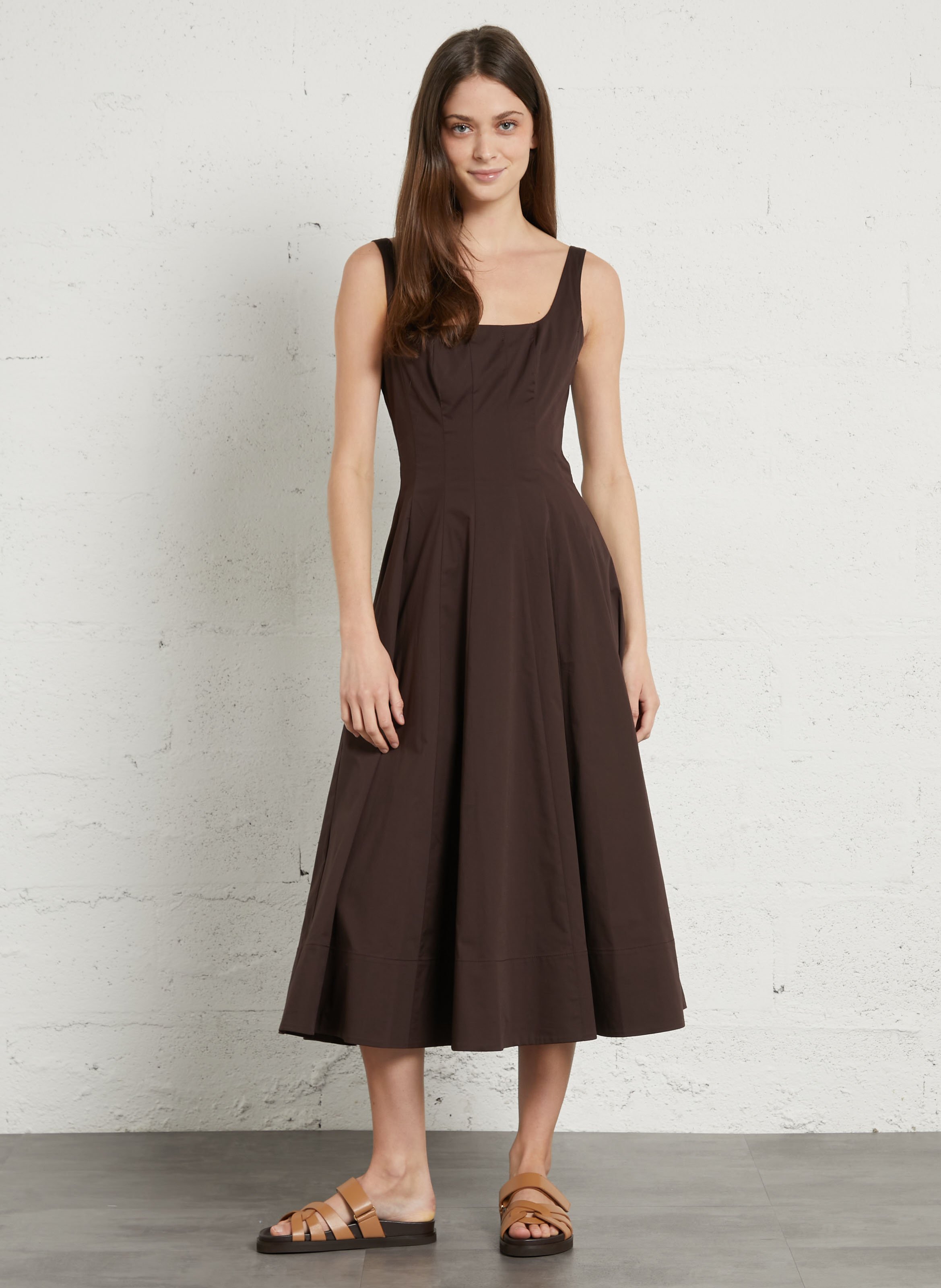 Flared midi dress with square neckline in stretch cotton STAUD Brown