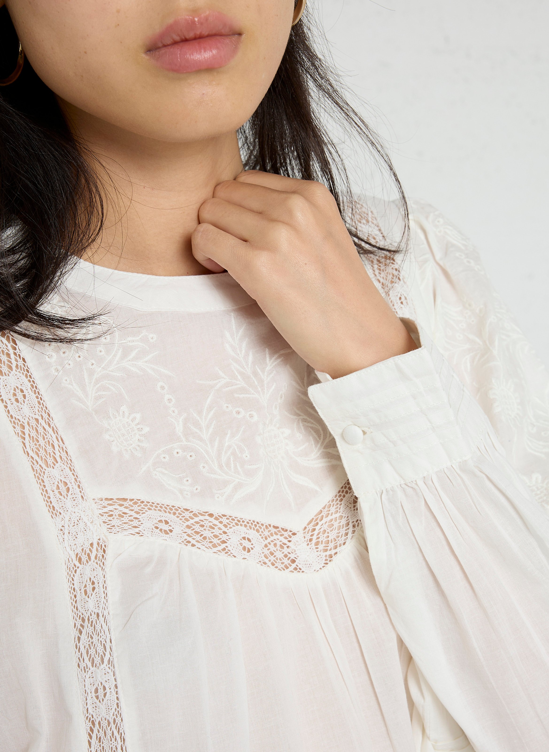 Blouse droite col rond à dentelle en coton SUD EXPRESS Blanc
