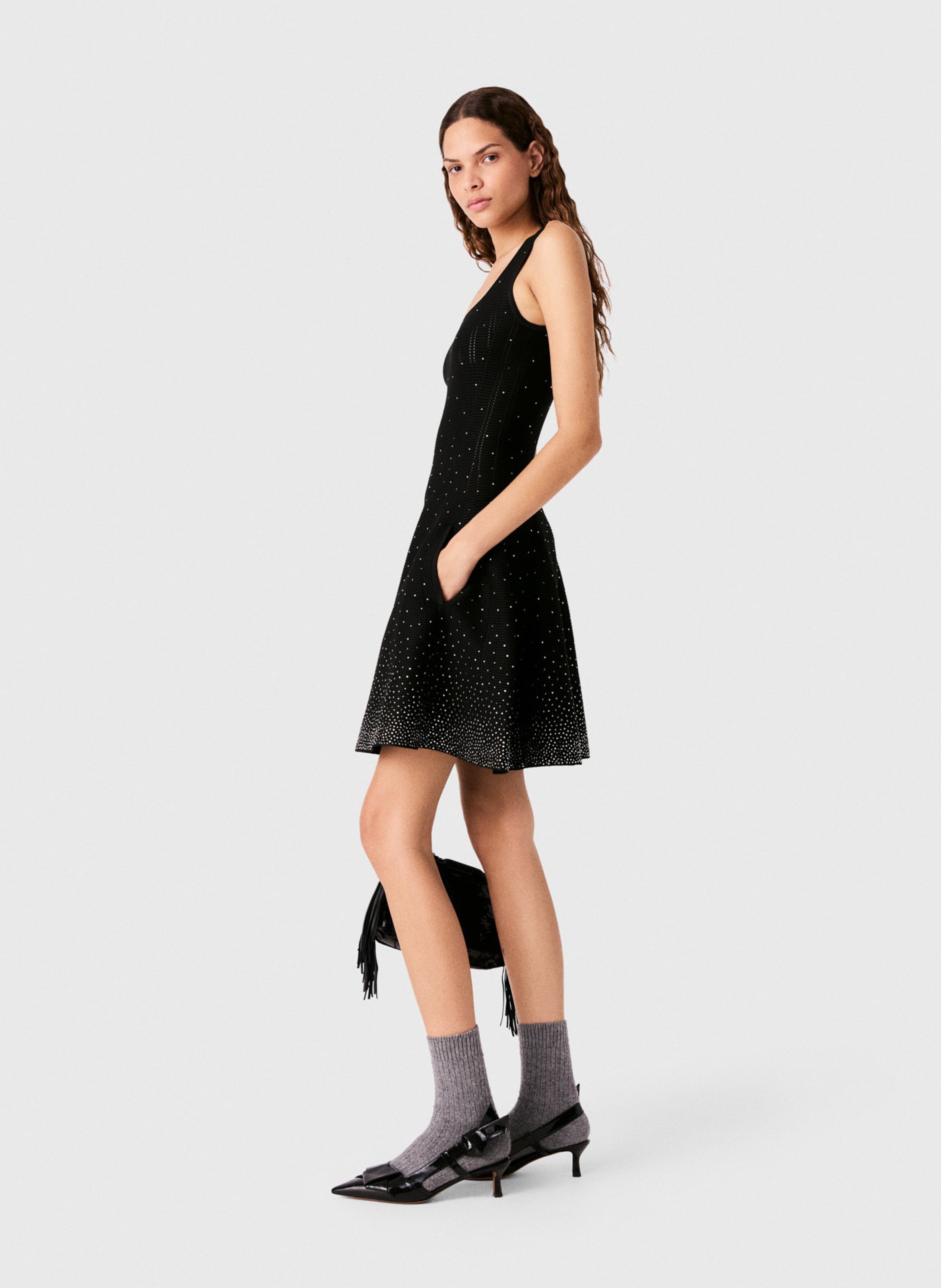 Robe courte évasée à strass MAJE Noir