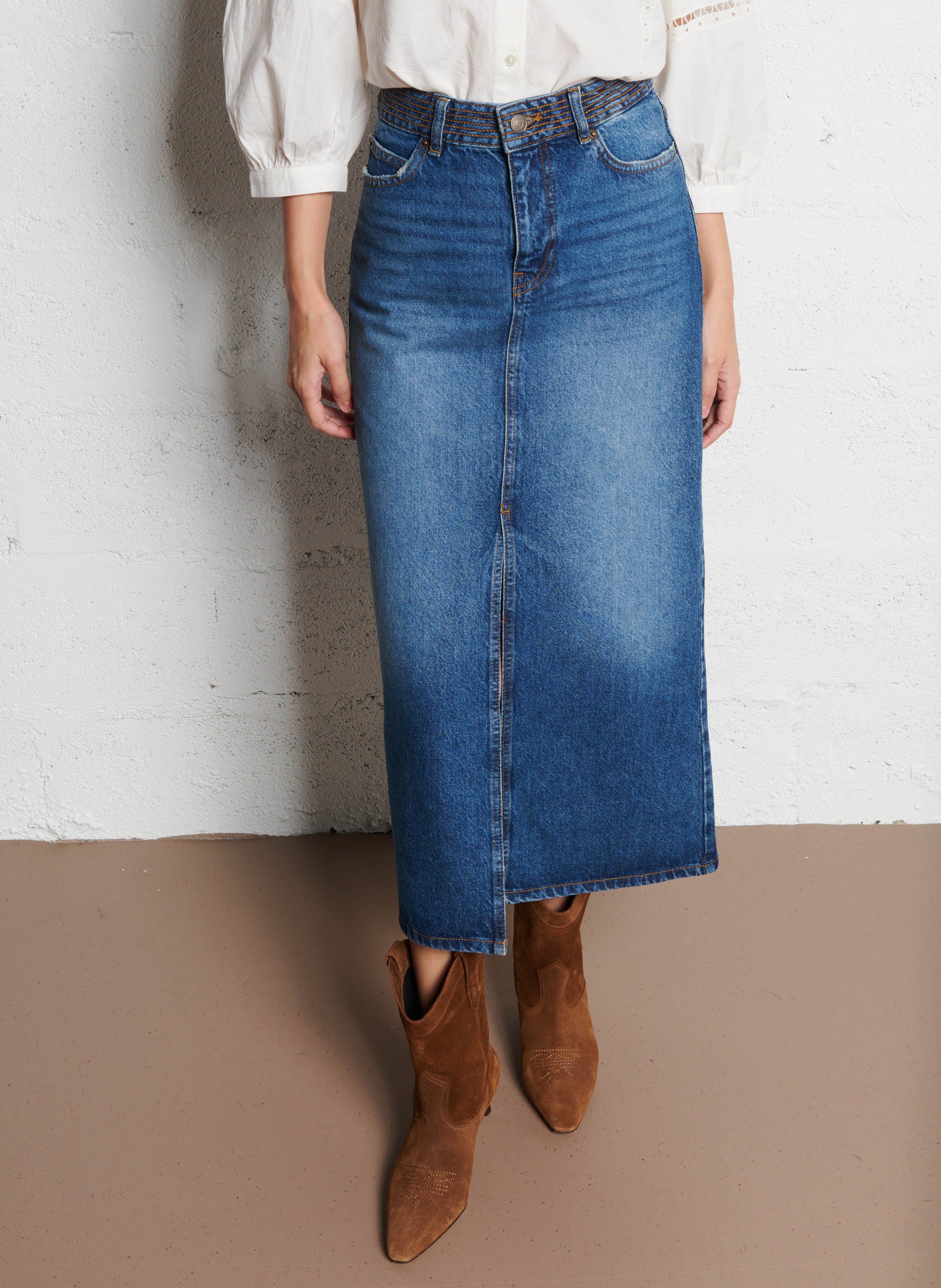 Jupe Midi Denim En Coton Math Bluejeans Ba sh Femme 1H24MATH 0420 BLUEJEANS Place des Tendances