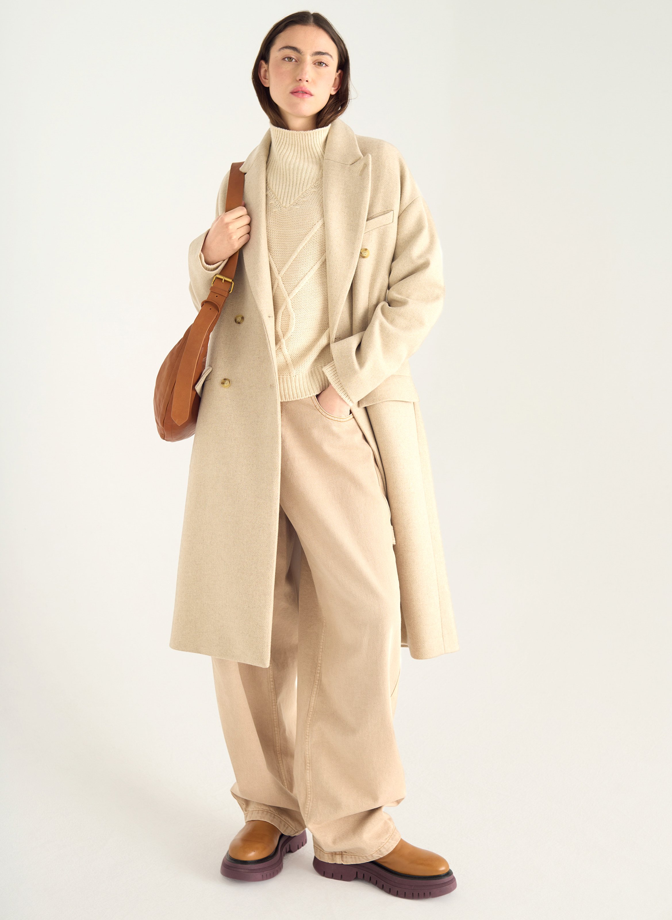 Einfarbiger gerade geschnittener Wollmantel mit langen Ärmeln ACOTE Weiss