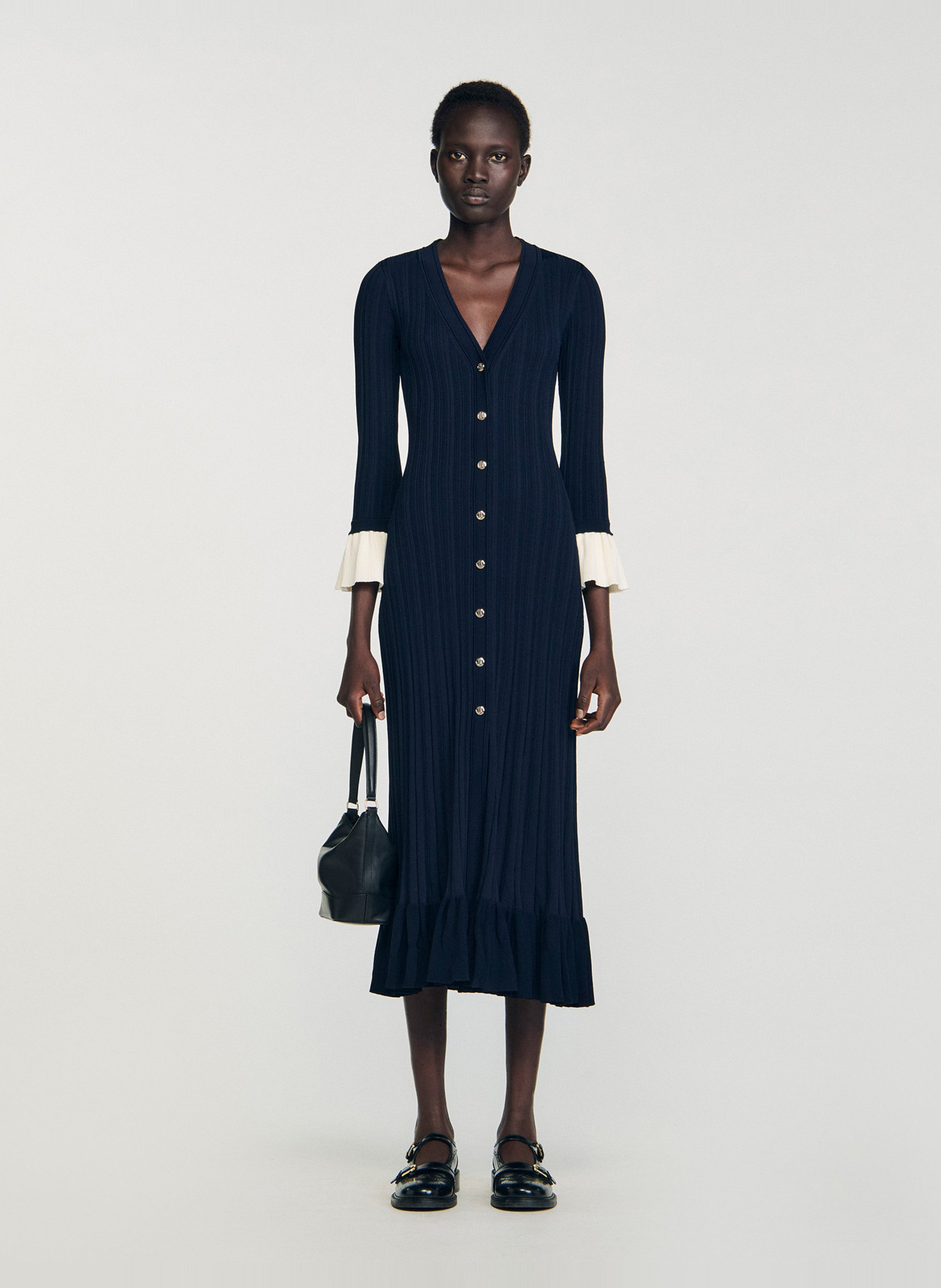 Robe longue moulante col V SANDRO Bleu