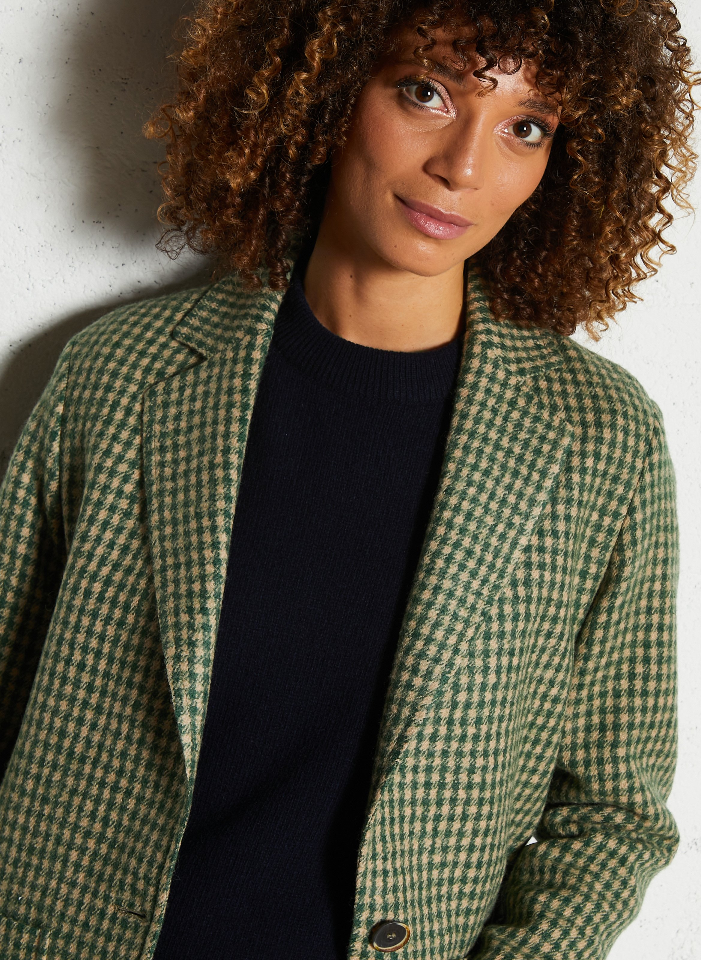 Veste droite col tailleur à carreaux en laine DIEGA Beige