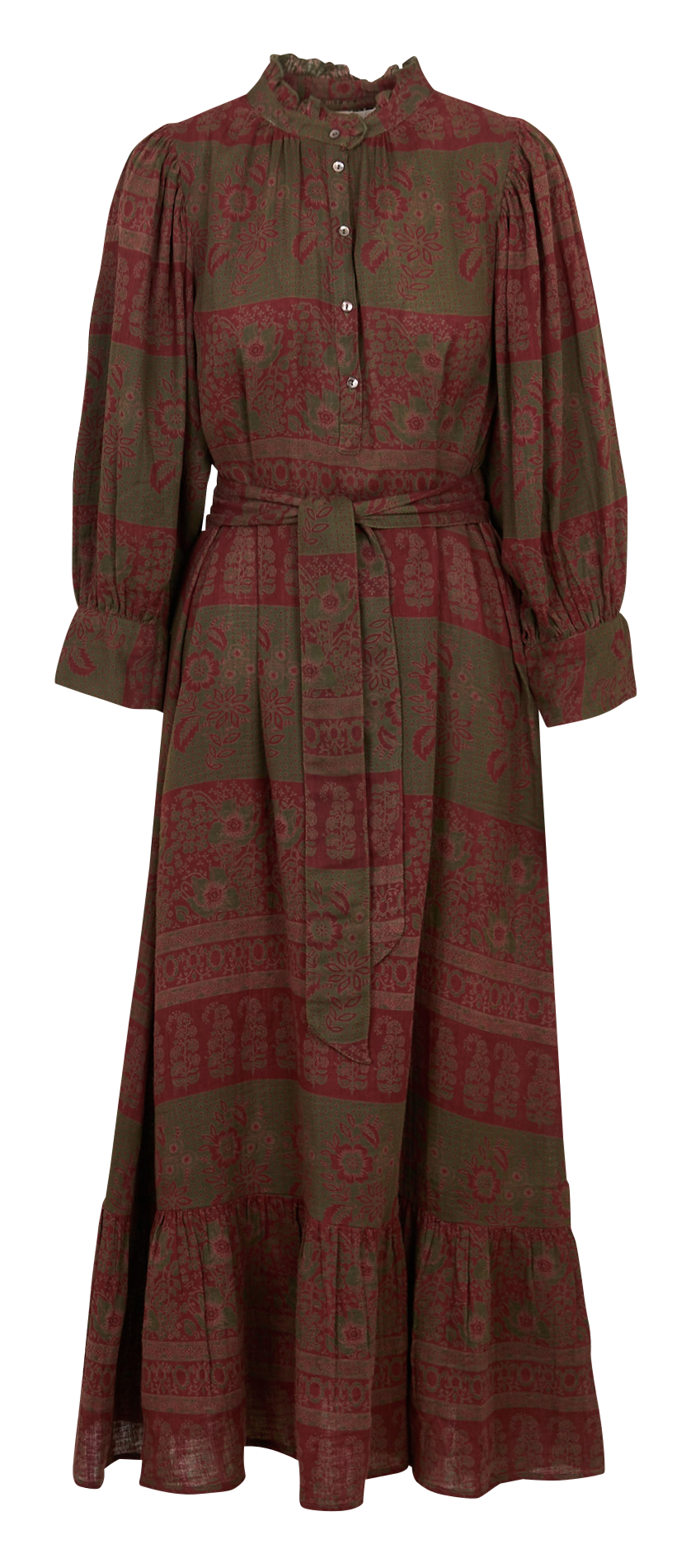 Maxikleid aus Baumwolle mit viktorianischem Kragen und Print ANTIK BATIK Khaki