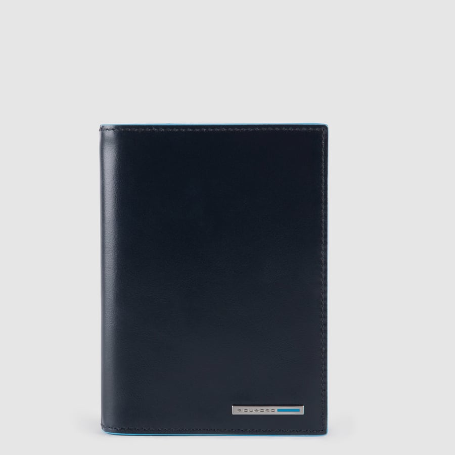 Passport holder with removable document holder, credit card slots, and RFID anti-fraud protection. PIQUADRO Blue