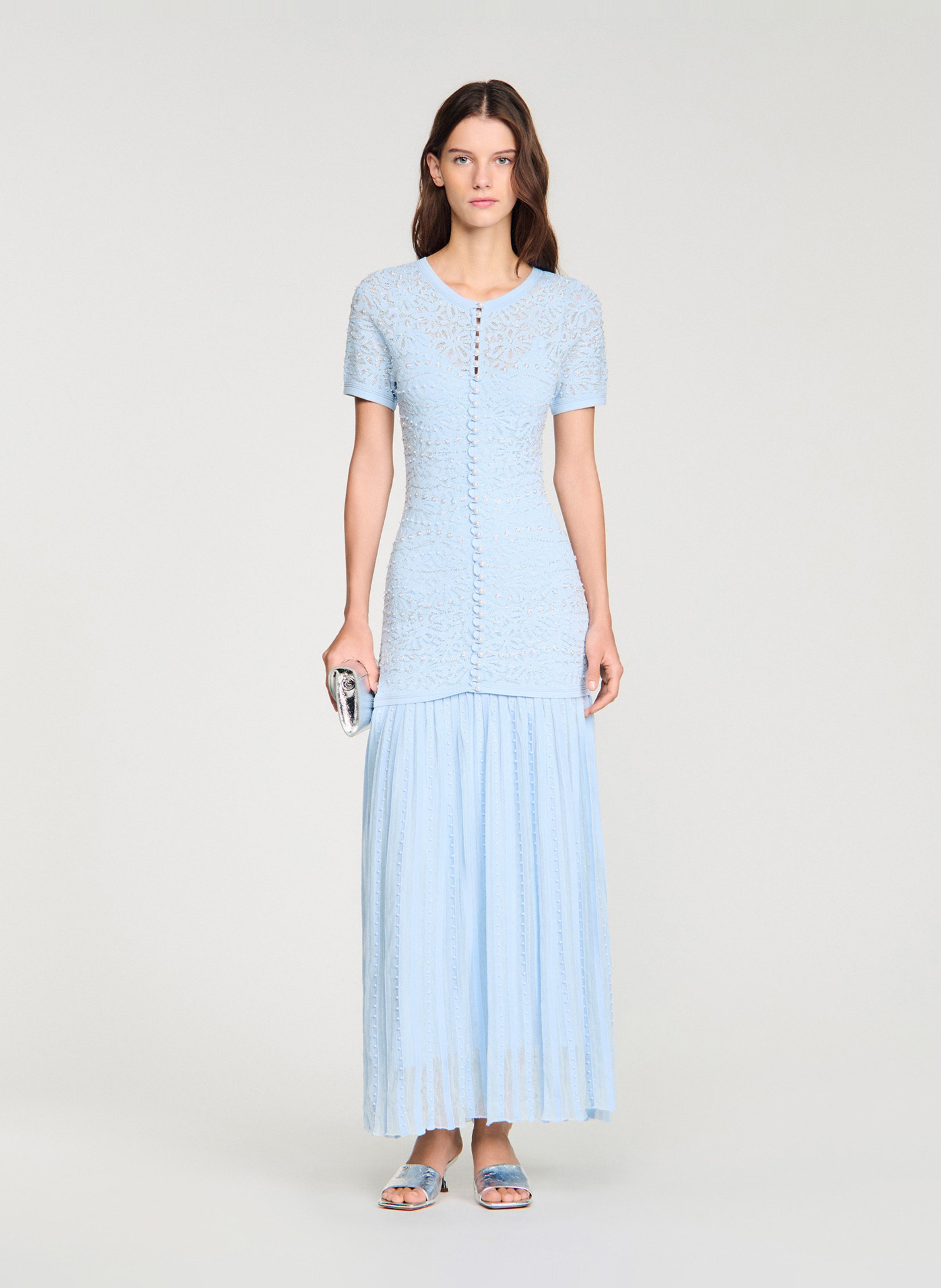 Robe longue col rond en maille SANDRO Bleu