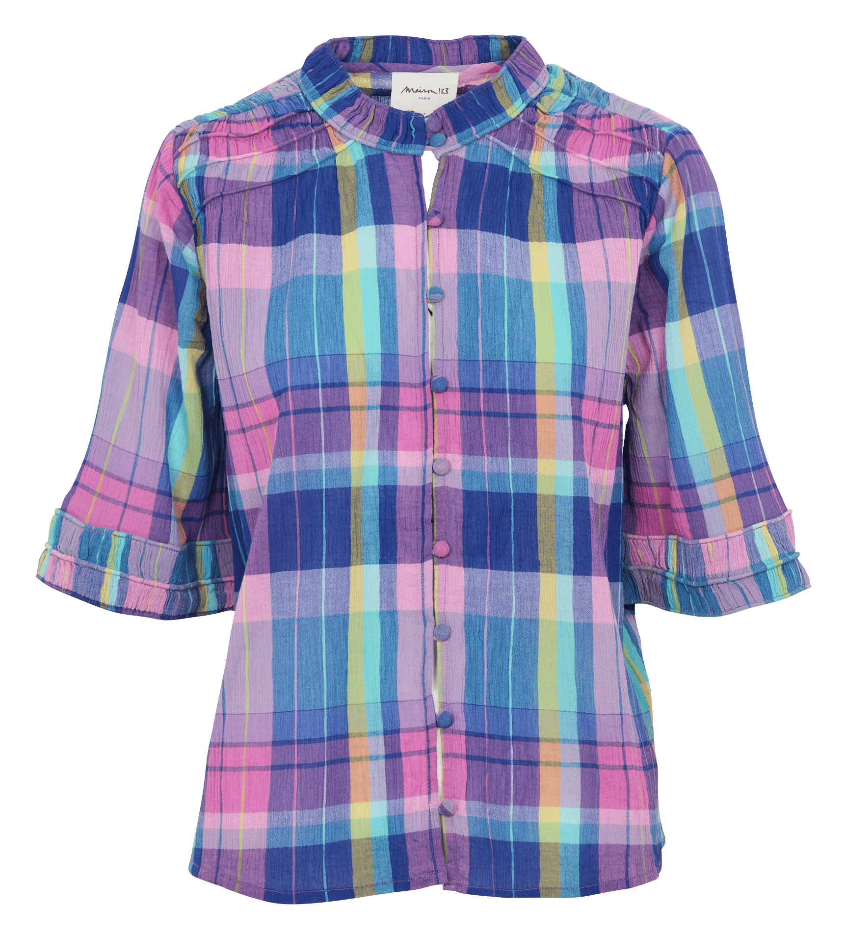 Straight-cut printed cotton shirt with round neck MAISON 123 Blue