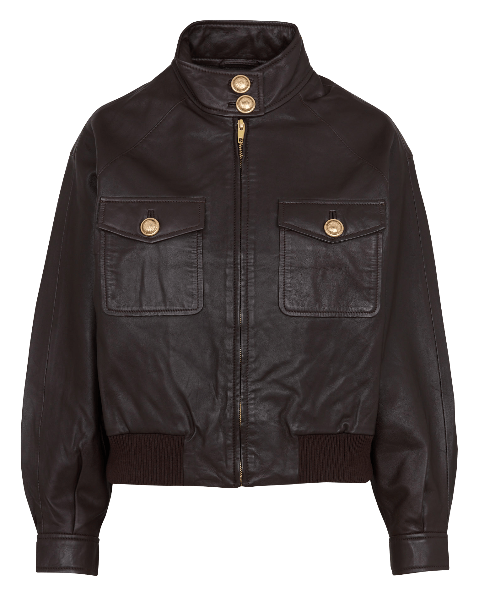 Straight leather jacket with high collar IKKS Brown