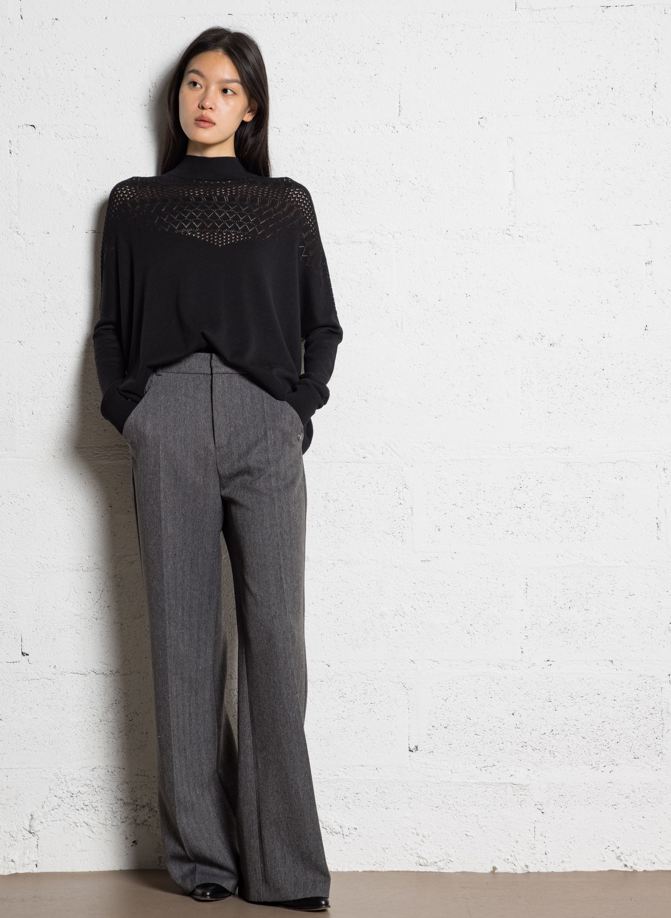 Long wool-blend knit cardigan I CODE Black