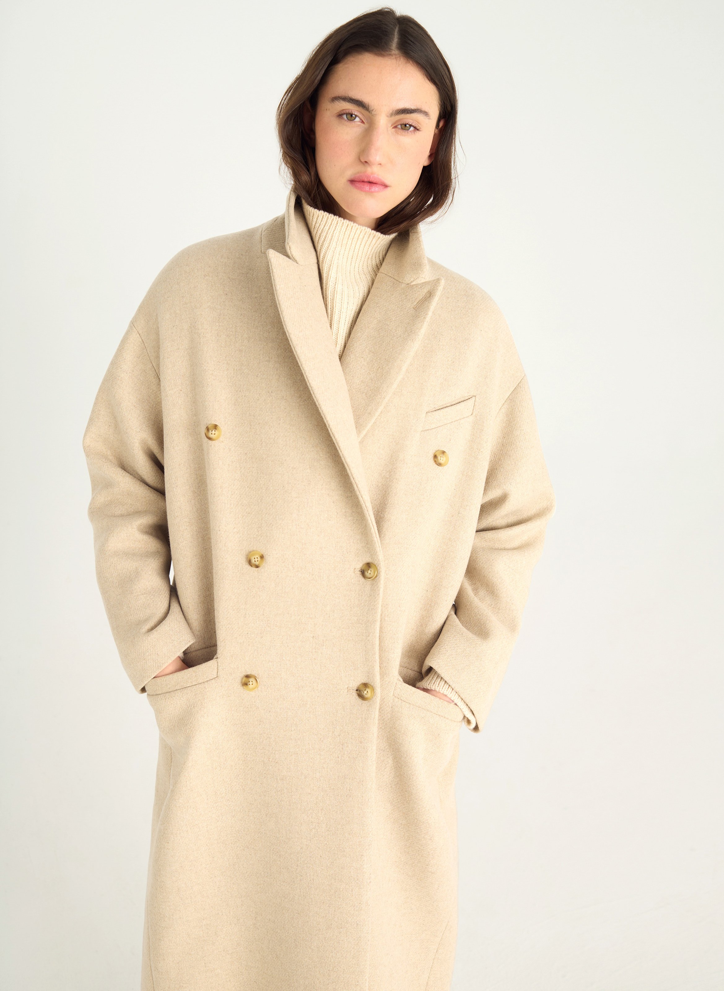 Einfarbiger gerade geschnittener Wollmantel mit langen Ärmeln ACOTE Weiss