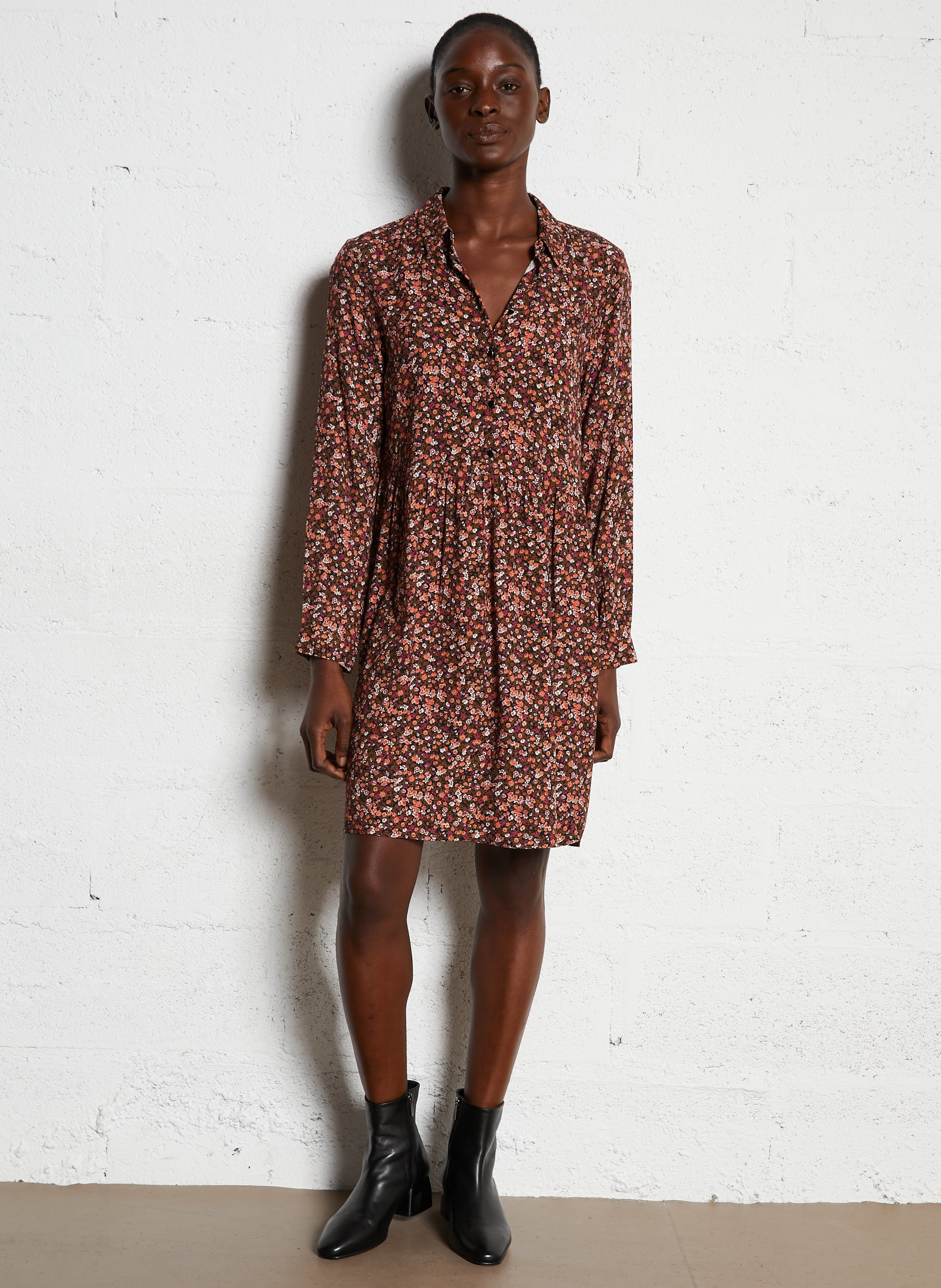 Short dress with shirt collar and floral print DES PETITS HAUTS Pink