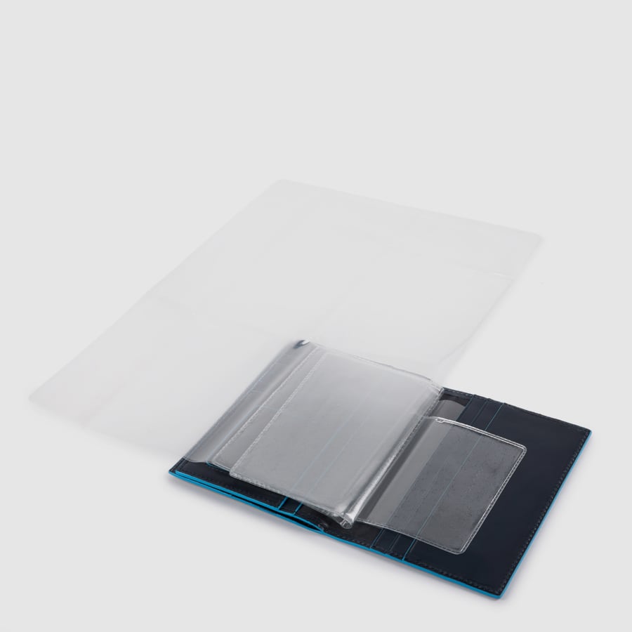 Passport holder with removable document holder, credit card slots, and RFID anti-fraud protection. PIQUADRO Blue