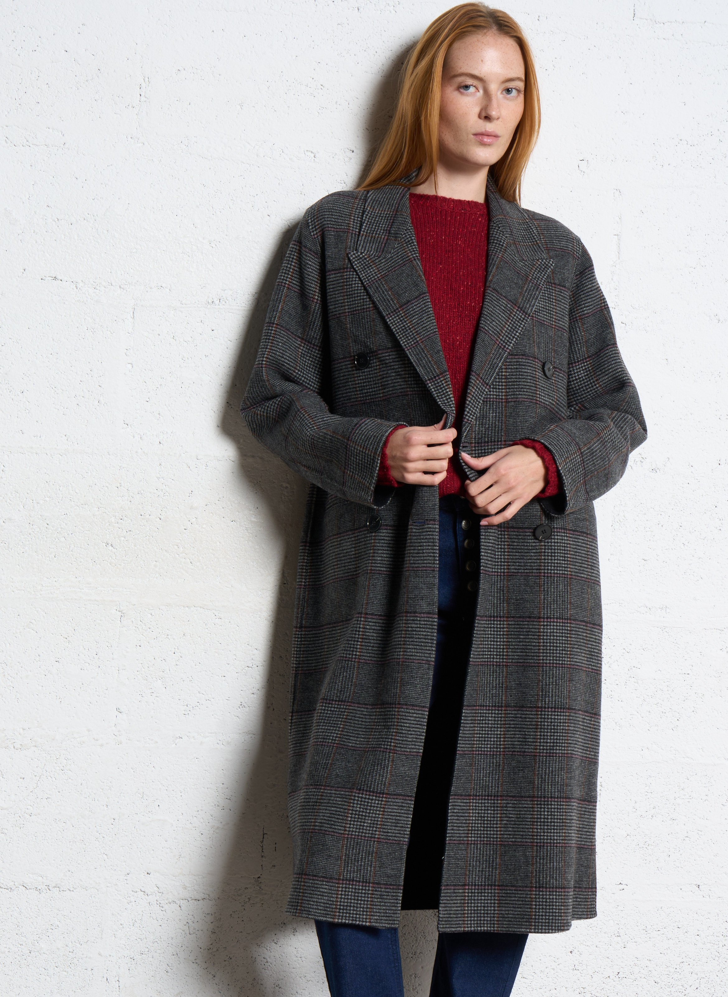 Manteau long droit imprimé en laine mélangée IKKS Gris