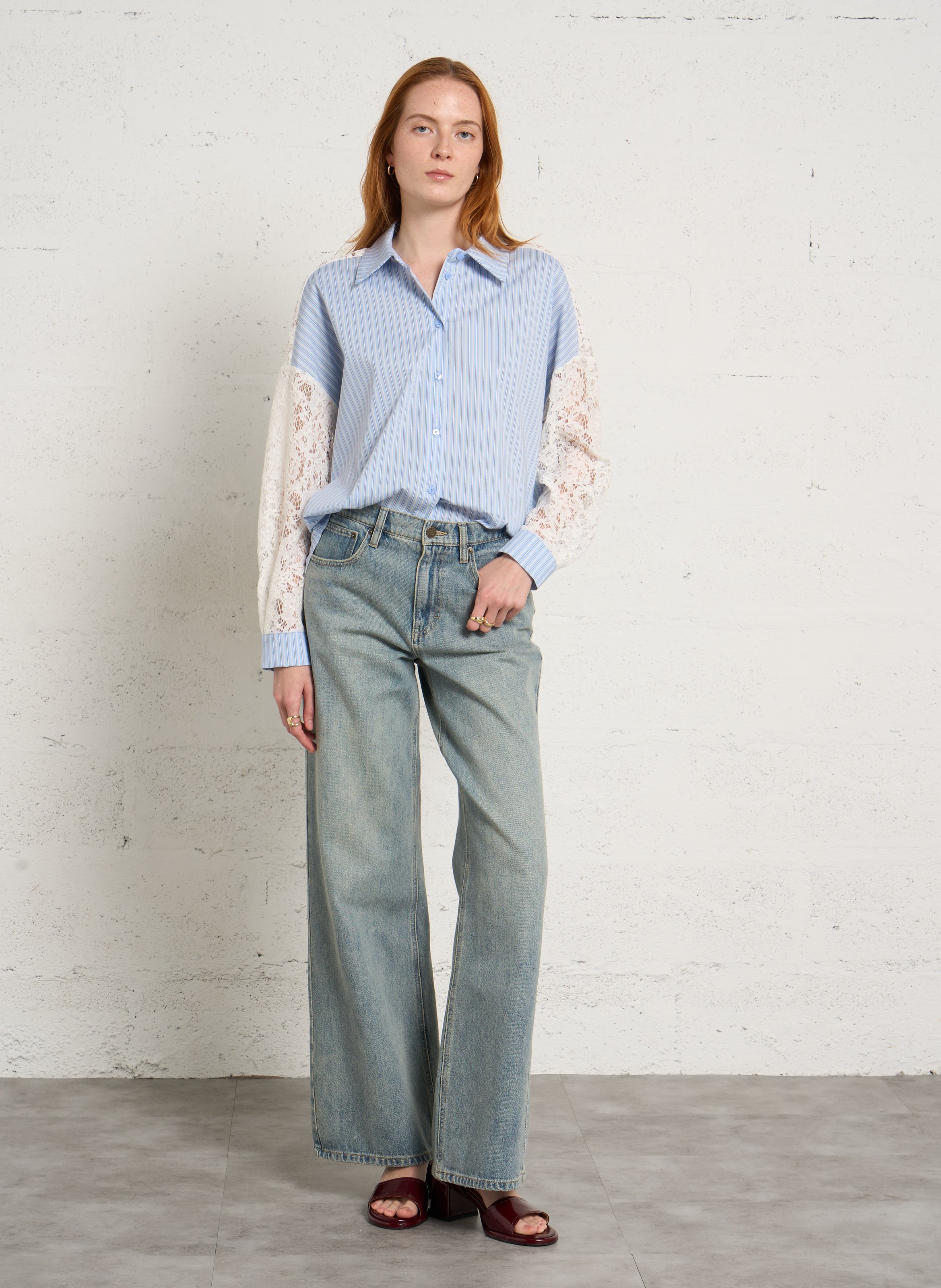 Chemise ample col classique rayée à dentelle IMPERIAL Blanc