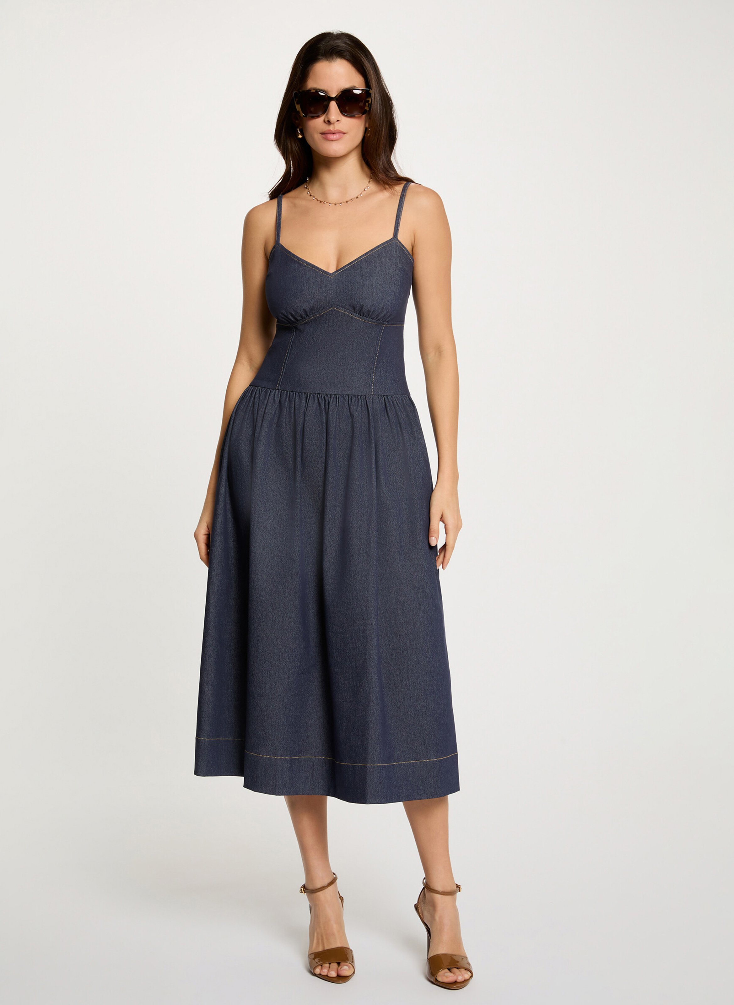 Midi ausgestelltes Baumwollmischkleid MORGAN Blau
