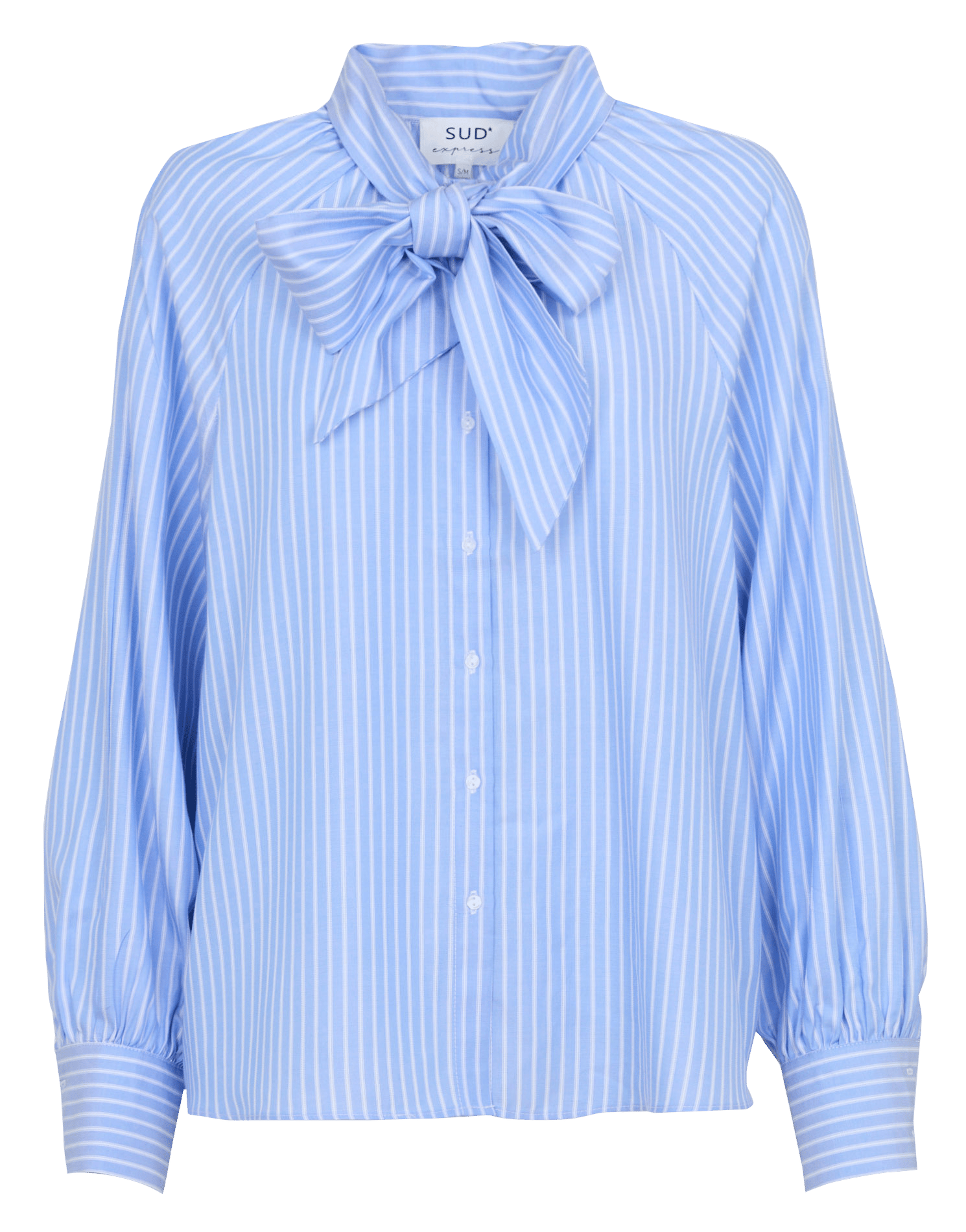 Gestreepte katoenen blouse met strikkraag. SUD EXPRESS Blauw