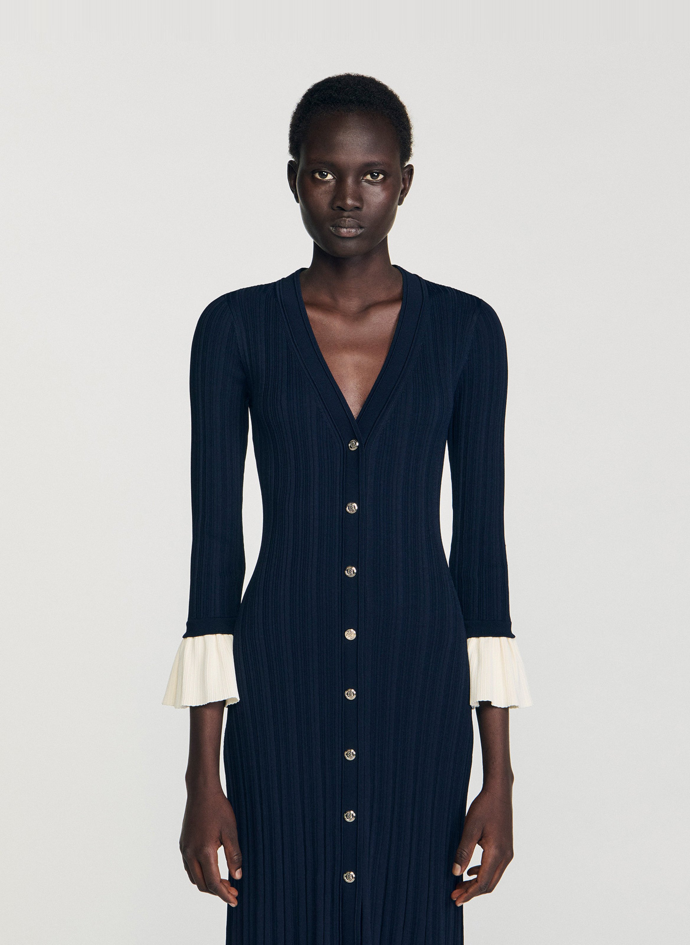 Robe longue moulante col V SANDRO Bleu