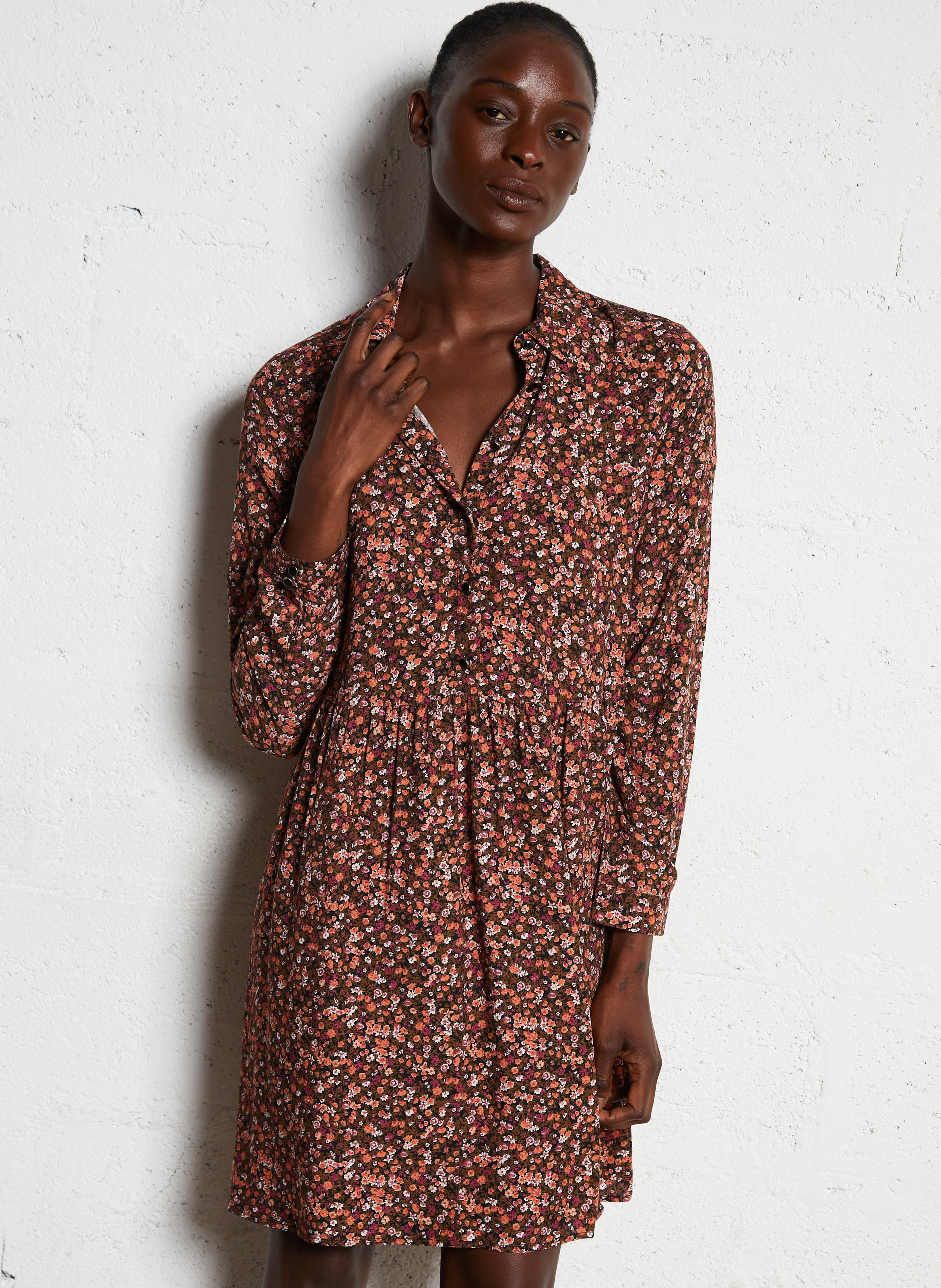 Short dress with shirt collar and floral print DES PETITS HAUTS Pink