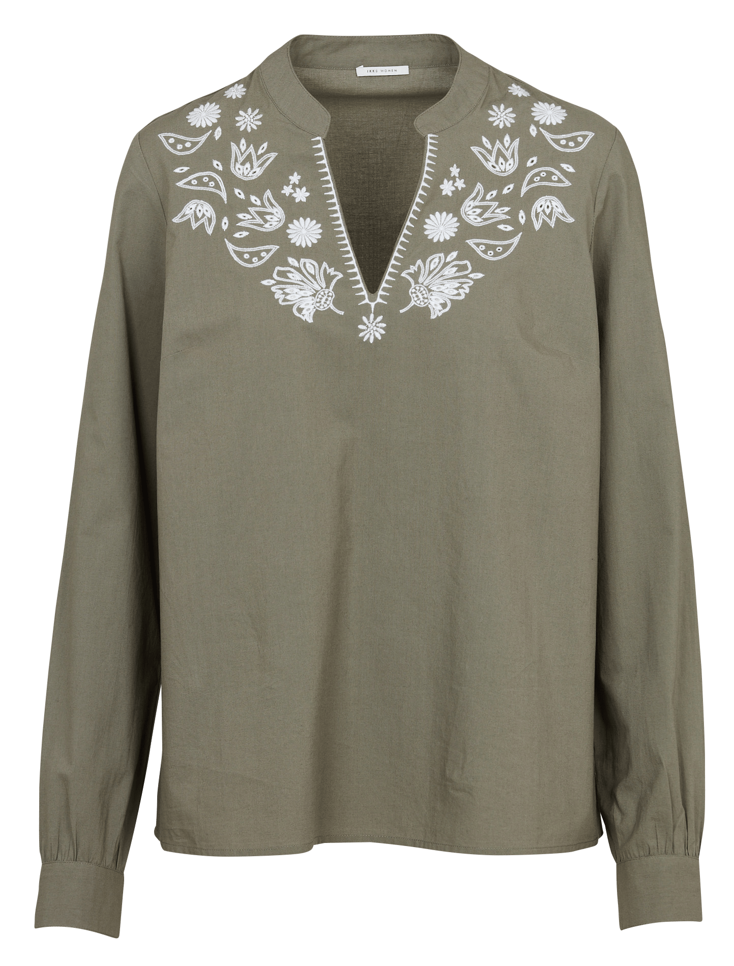 Oversized V-neck cotton embroidered blouse IKKS Khaki