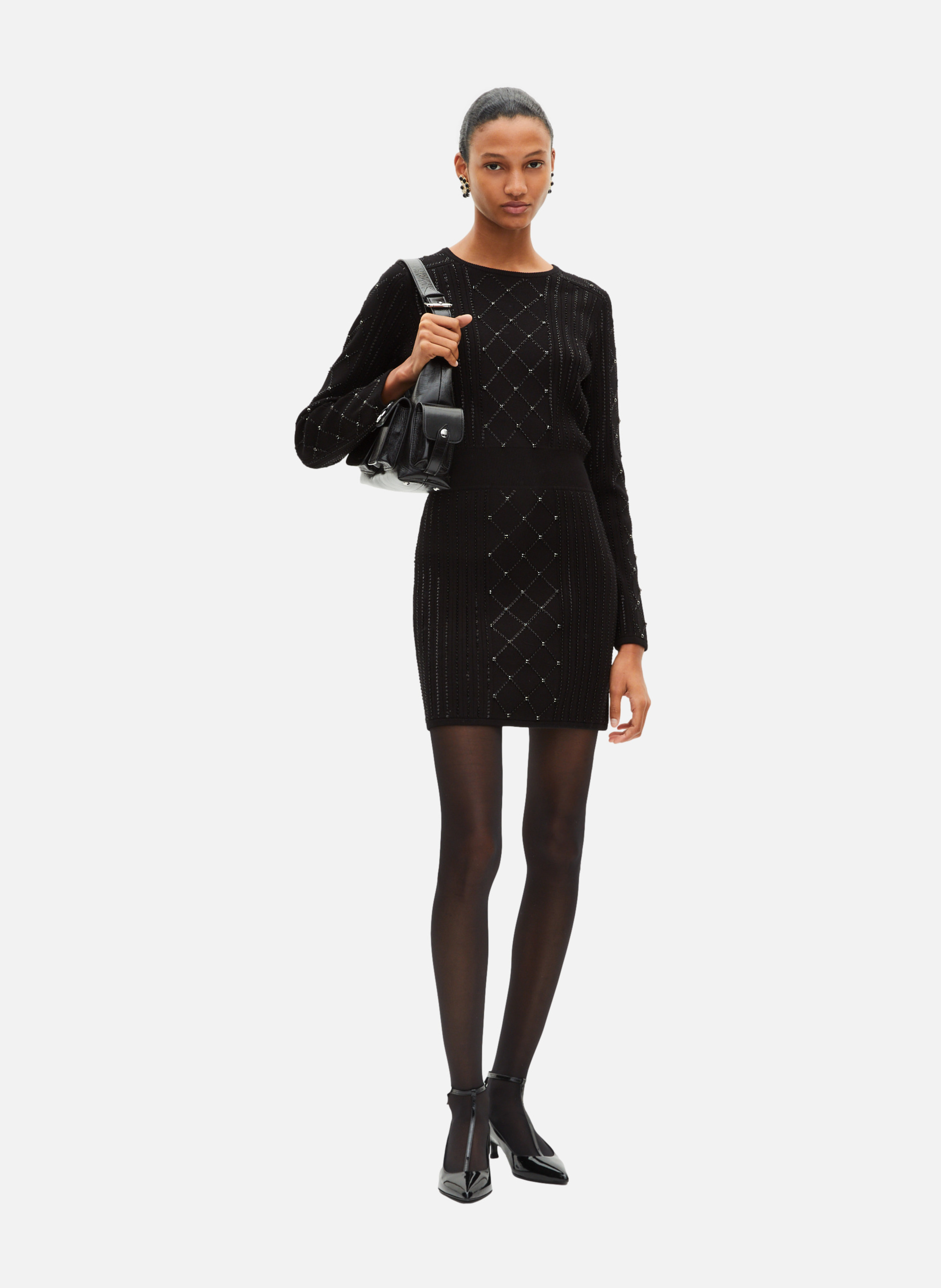 Short knitted dress with rhinestones and pearls THE KOOPLES Black