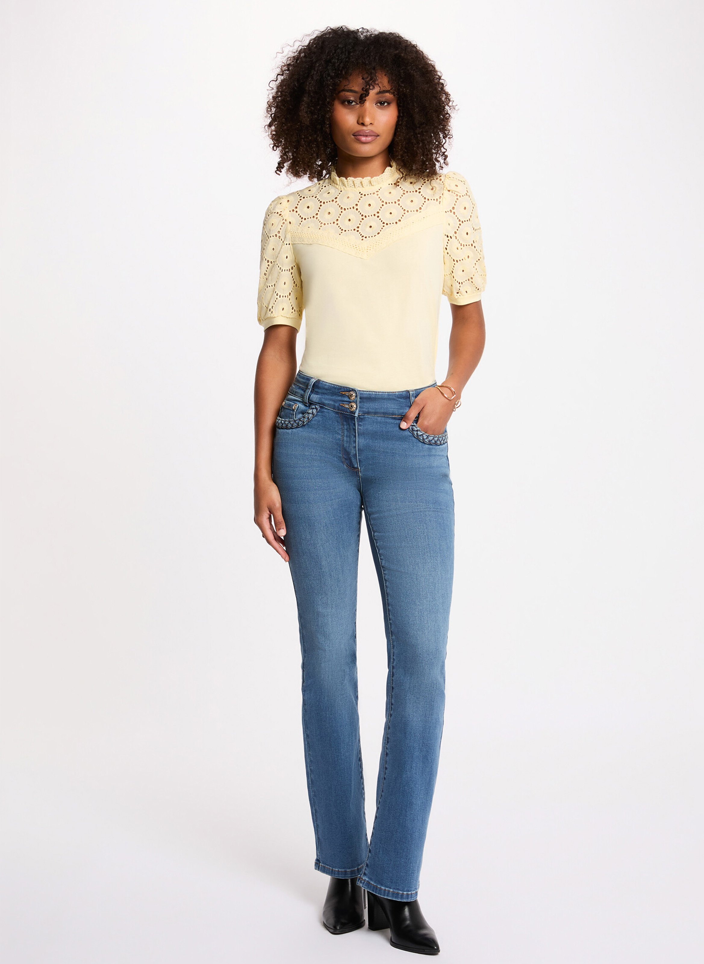 Top col montant brodé en coton MORGAN Jaune