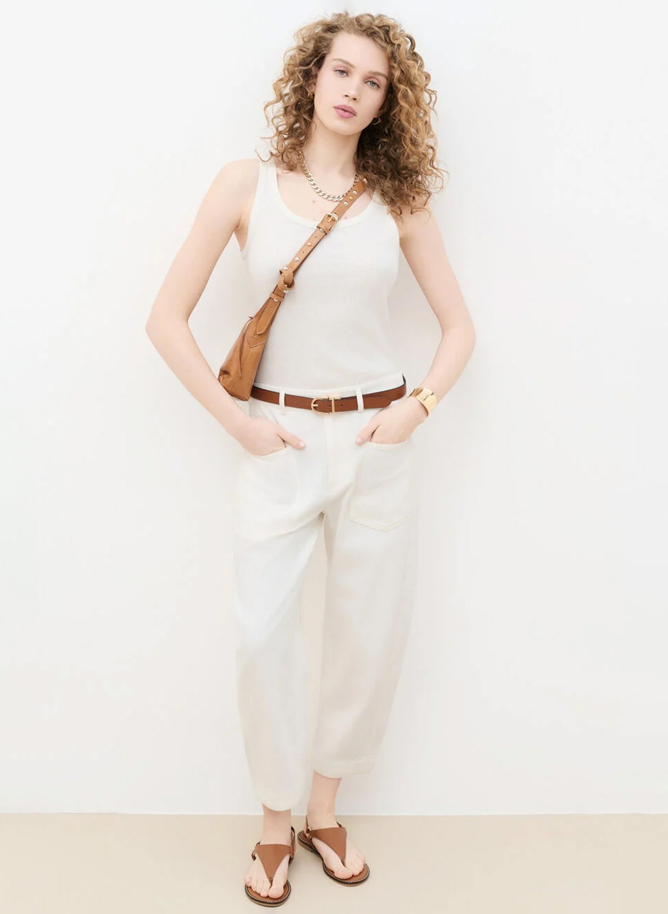 Pantalon large en coton CAROLL Beige