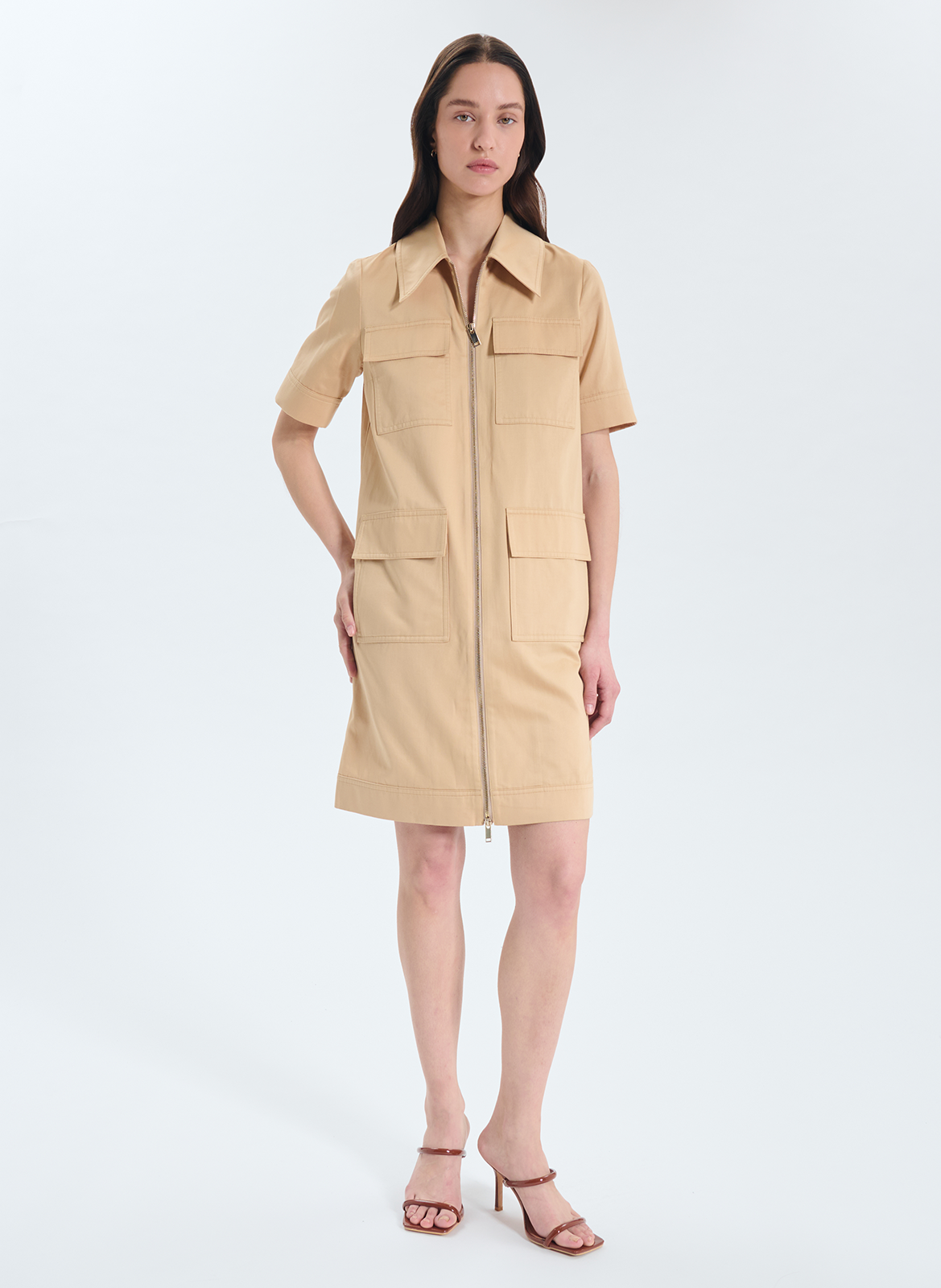 Mittellanges, gerades Kleid aus Bio-Baumwolle und Leinen ZAPA Beige