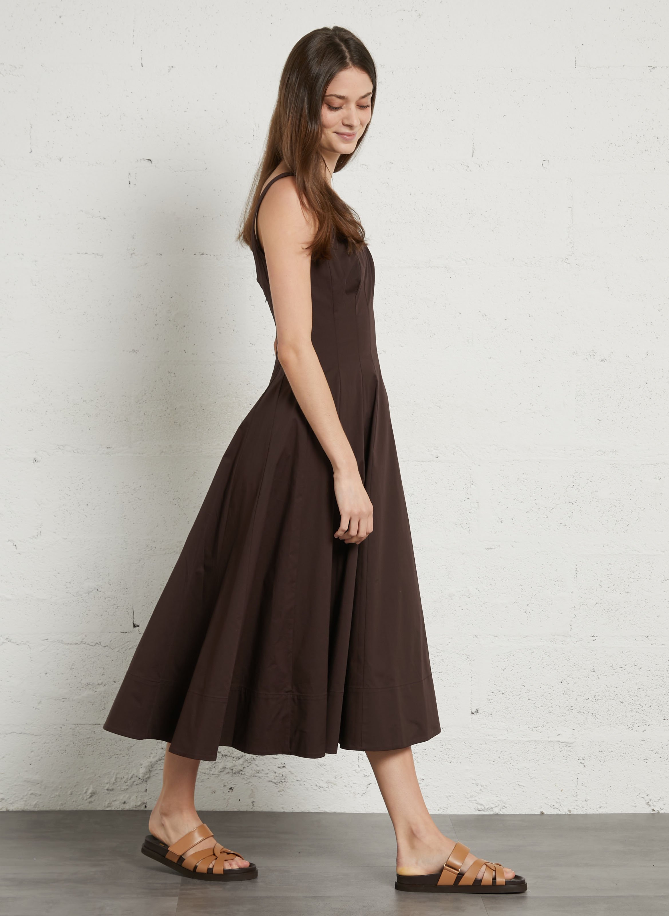 Flared midi dress with square neckline in stretch cotton STAUD Brown