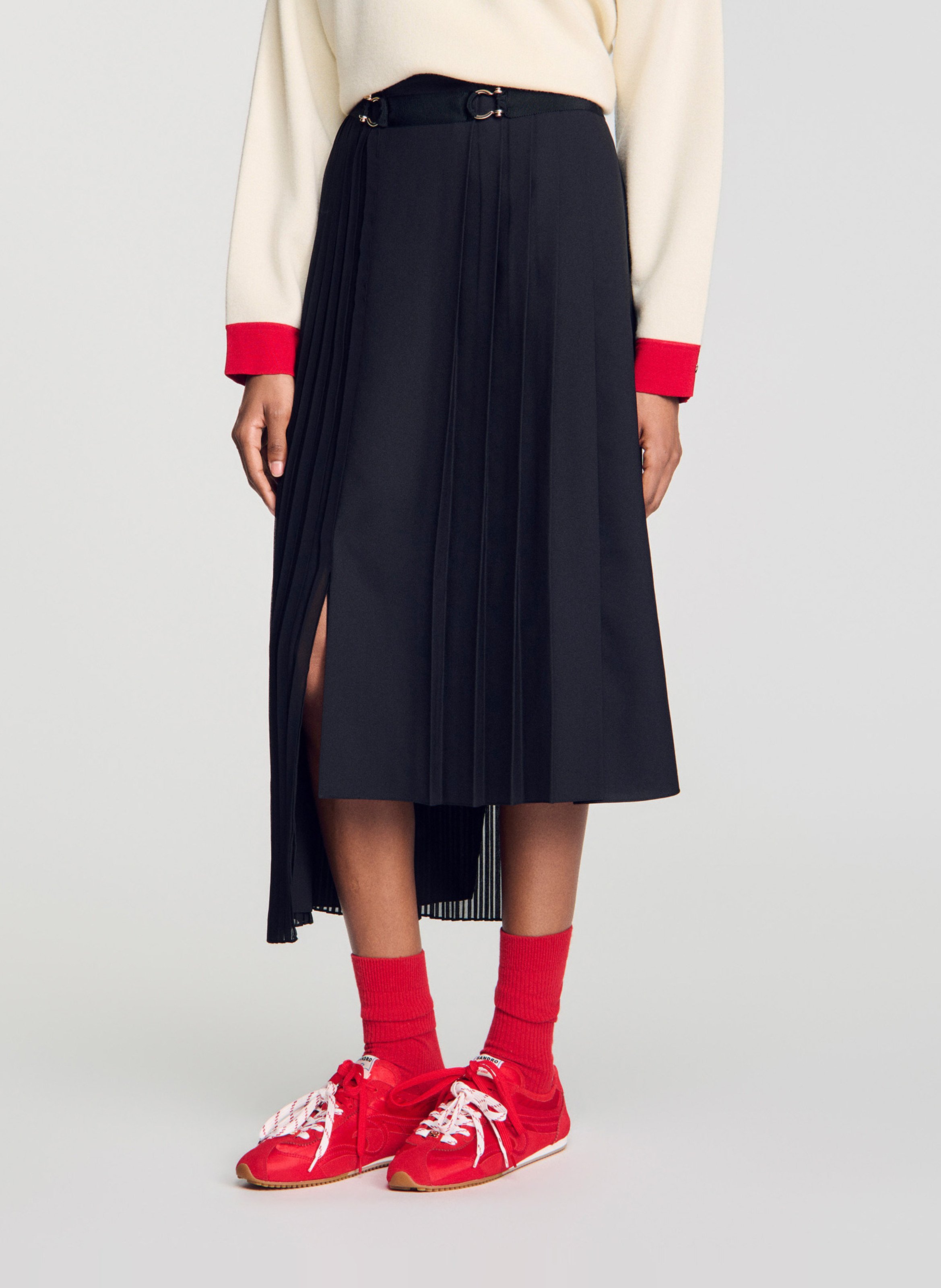 Jupe midi asymétrique plissée SANDRO Noir
