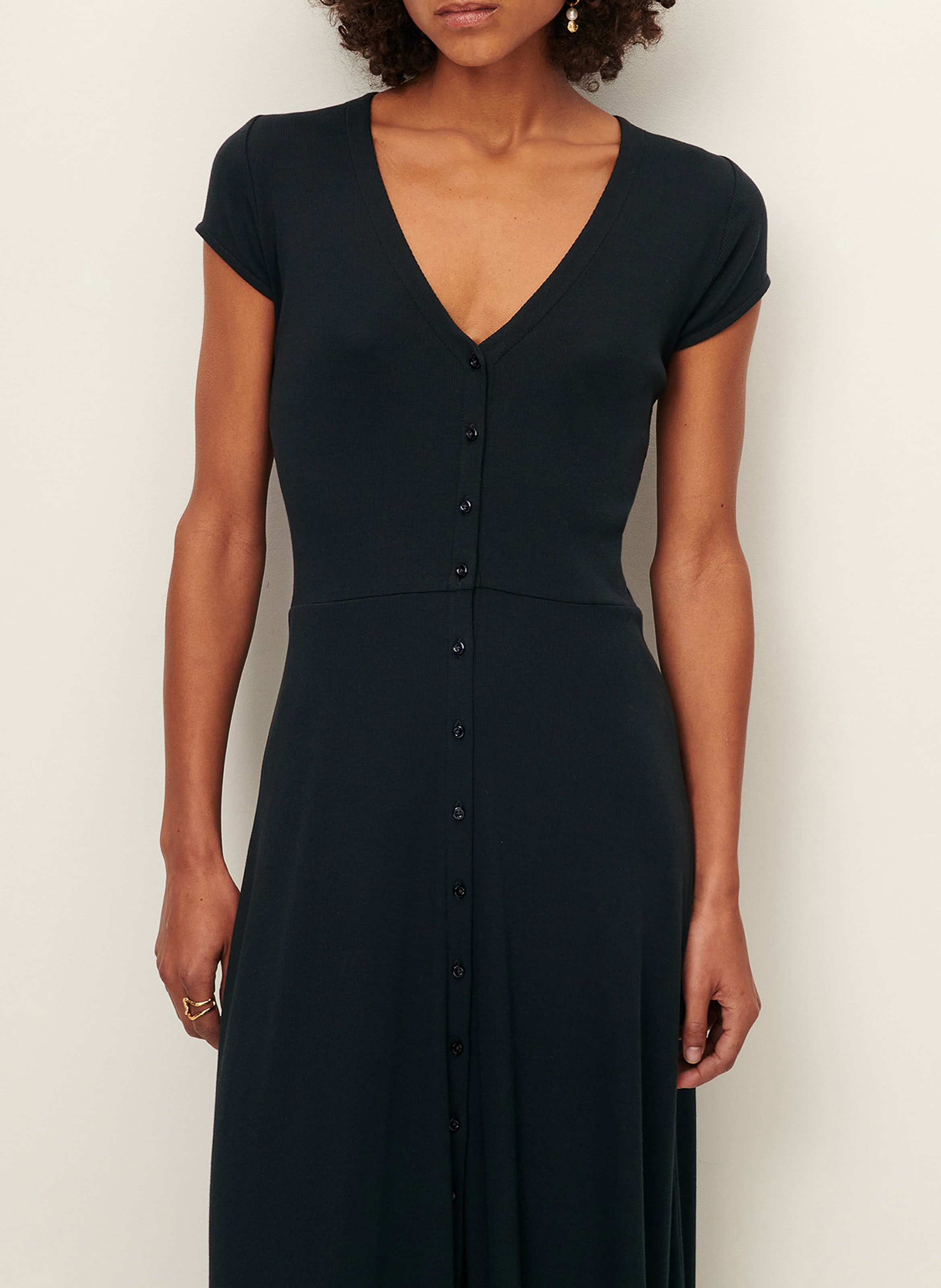 Gerade geschnittenes Midikleid aus Bio-Baumwoll-Mix mit V-Ausschnitt SESSUN Schwarz