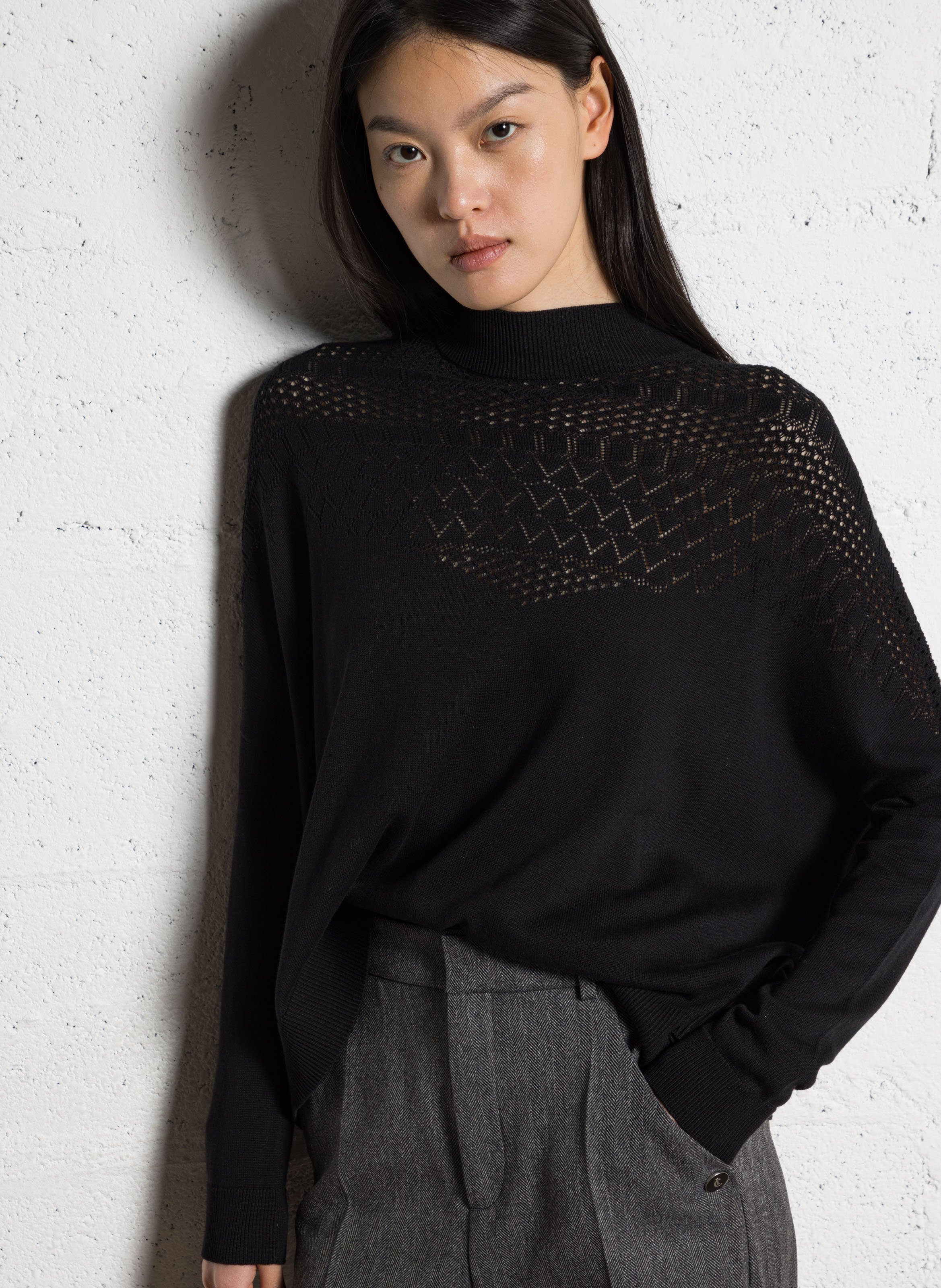 Long wool-blend knit cardigan I CODE Black