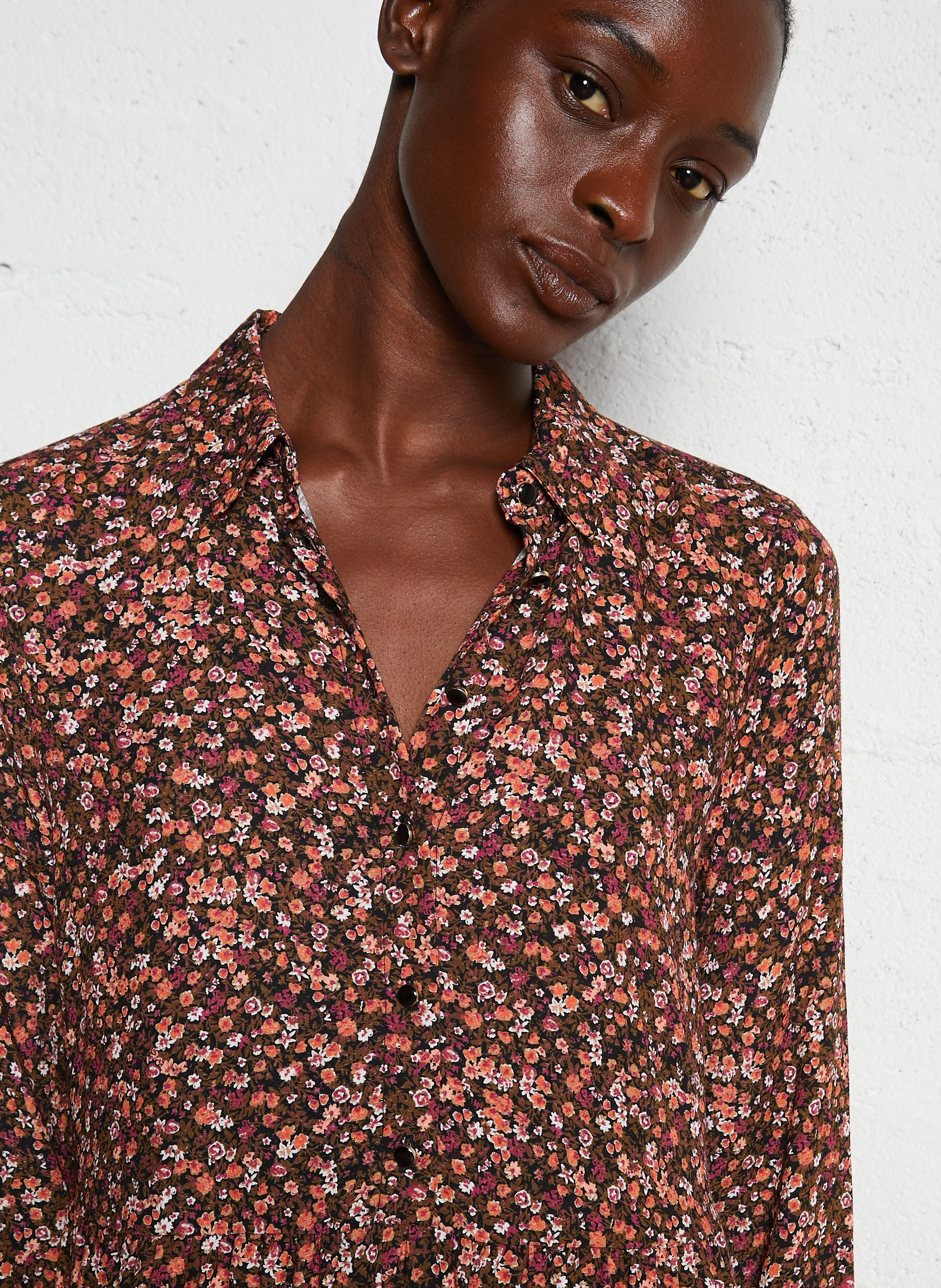 Short dress with shirt collar and floral print DES PETITS HAUTS Pink