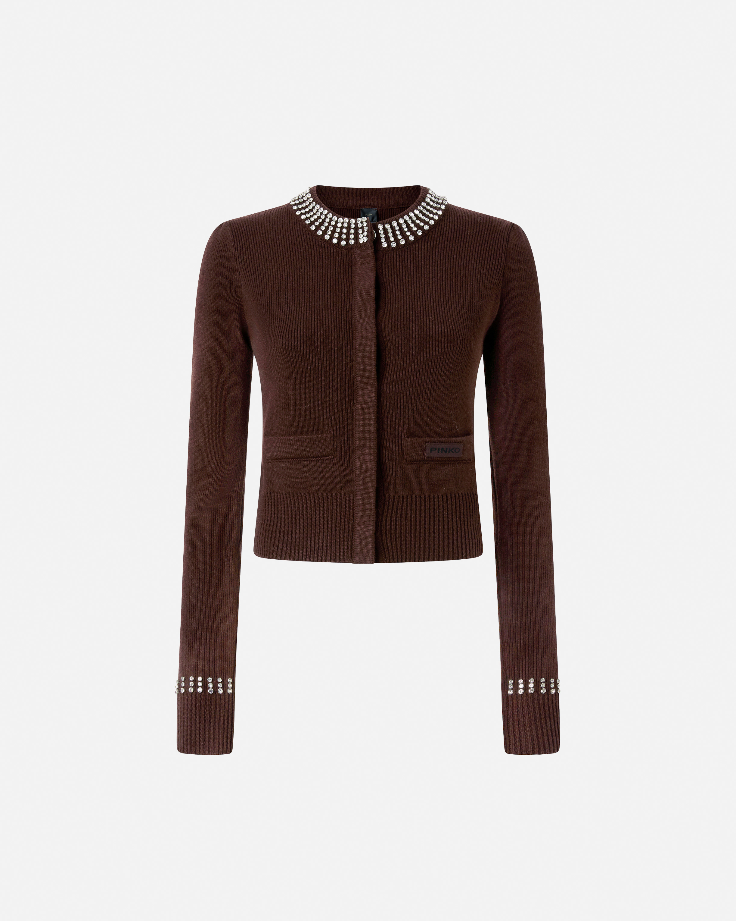 Round neck cardigan with rhinestones PINKO Brown