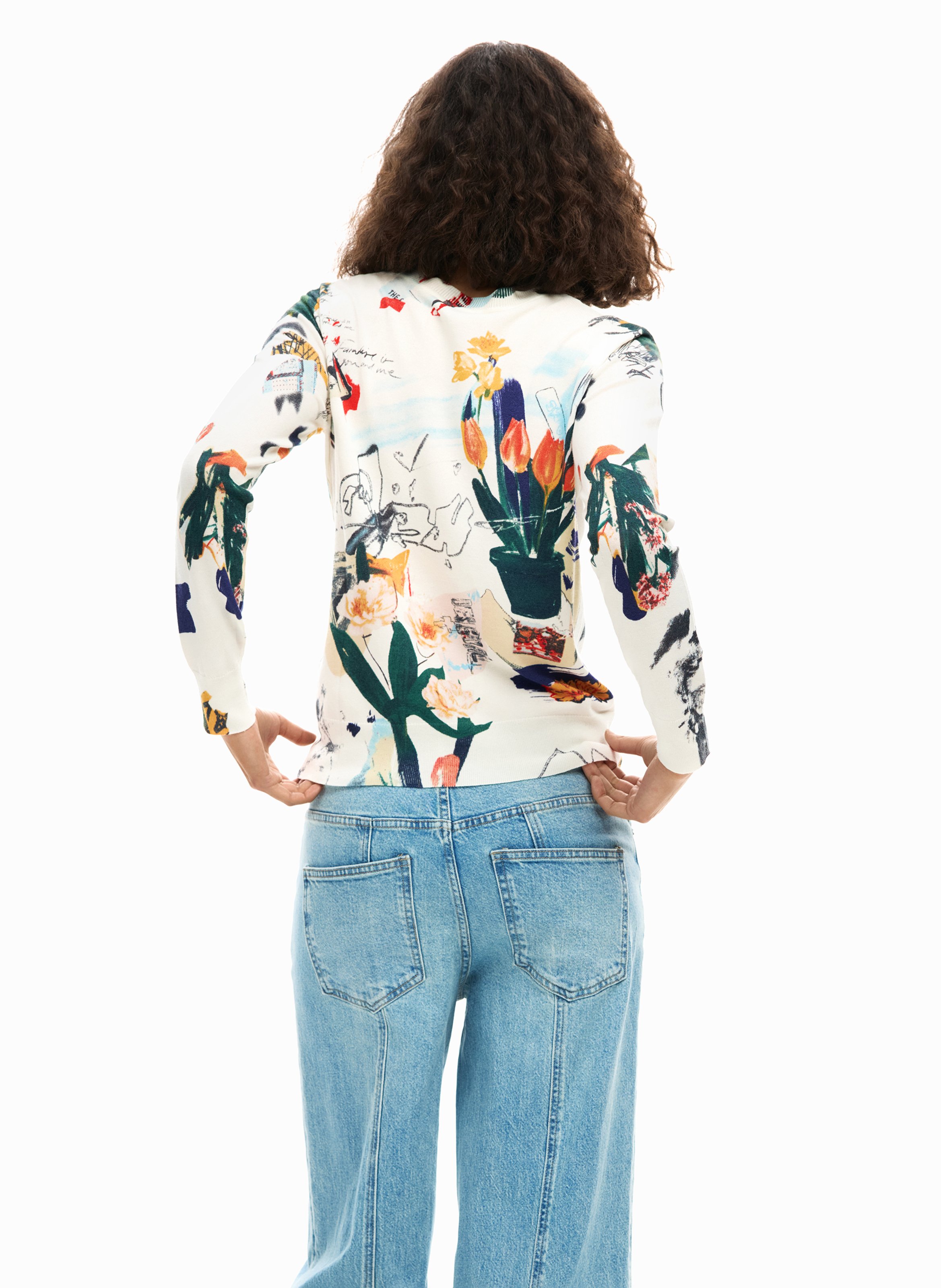 Round-neck knitted top with patterns DESIGUAL White