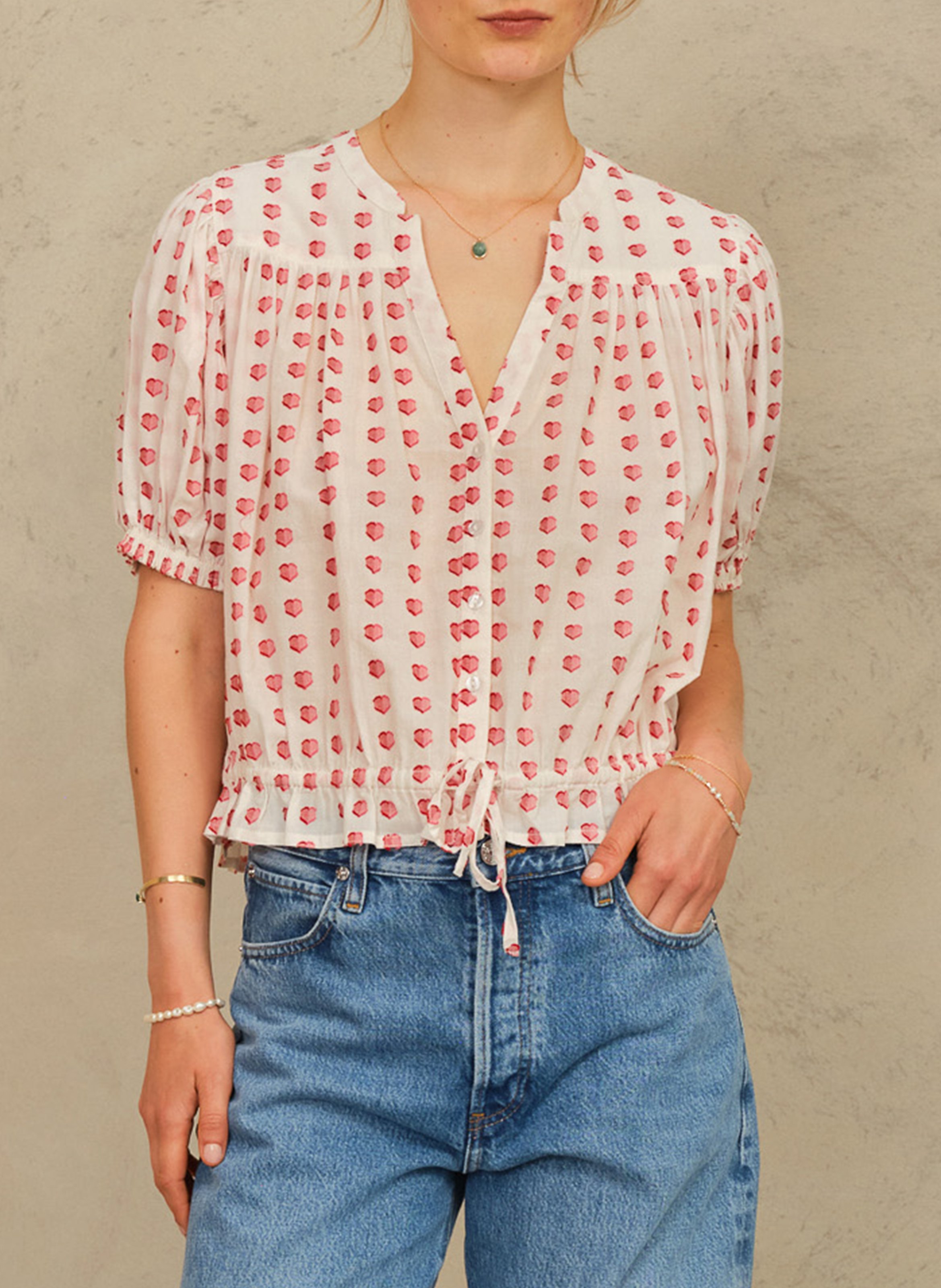 Blusa recta de algodón con estampado y cuello de pico M.A.B.E Blanco