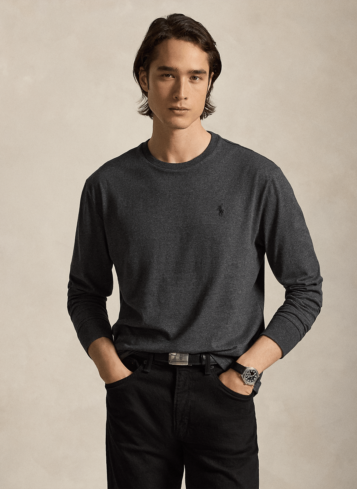 Einfarbiges Baumwoll-T-Shirt mit Rundhalsausschnitt, Slim Fit POLO RALPH LAUREN Grau
