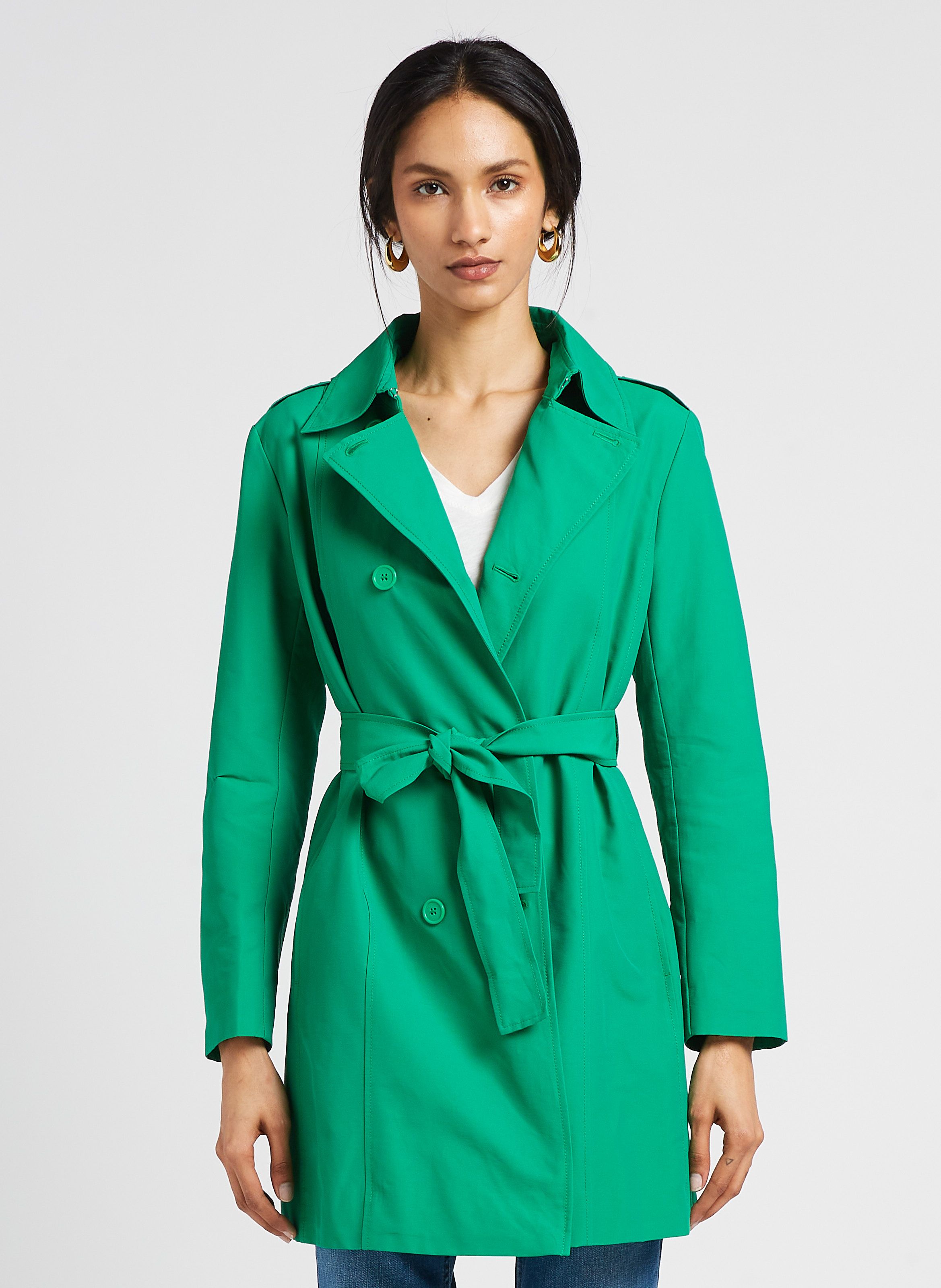 Cotton-blend Straight-cut Trench Coat With Classic Collar Emerald