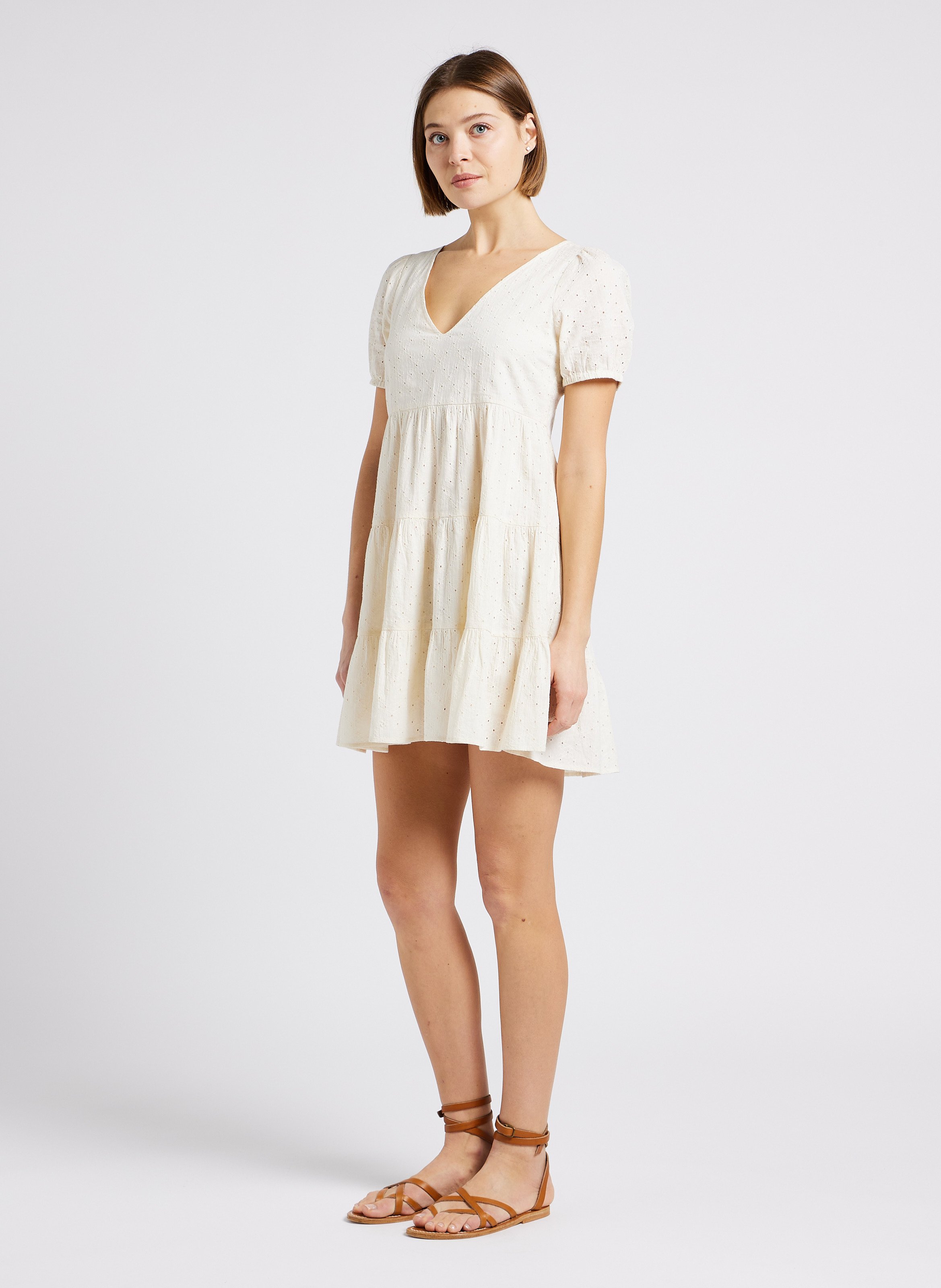 Ausgestelltes Baumwollkleid mit V-Ausschnitt und Stickerei EMILE ET IDA Weiss