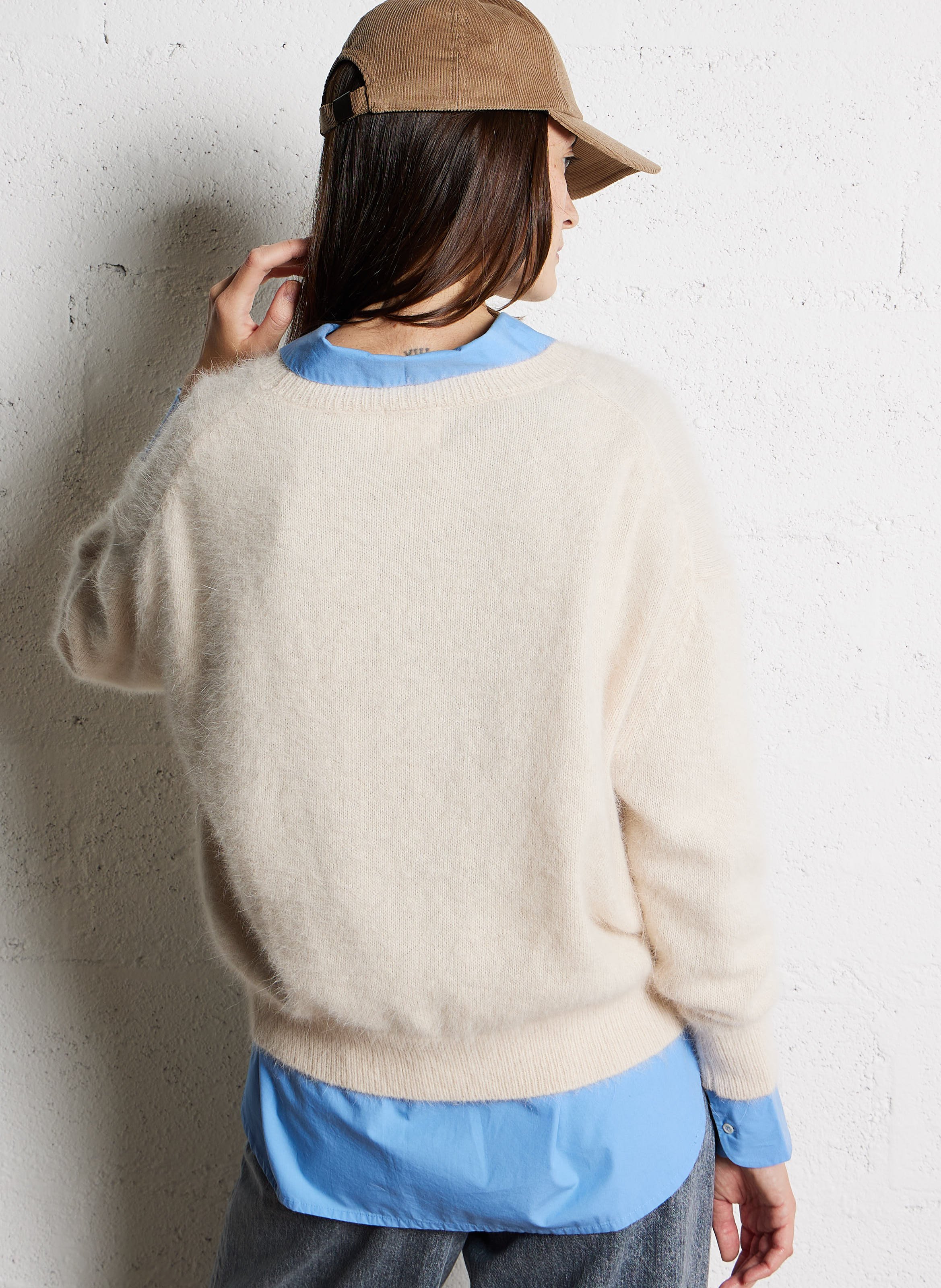 Pull ample col rond en laine mélangée Beige