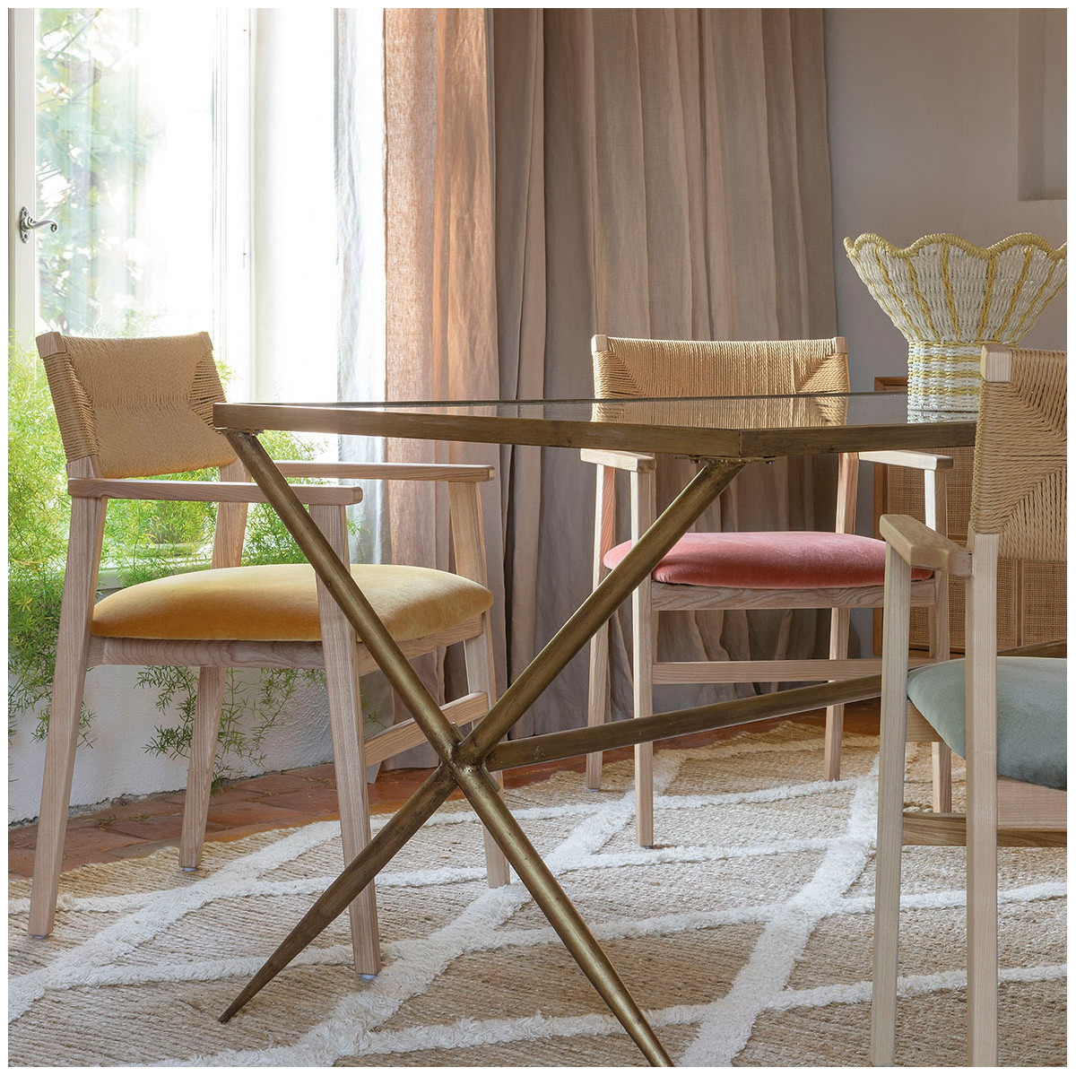 Chaise paloma en corde de papier et velours - safran BLANC D'IVOIRE Jaune