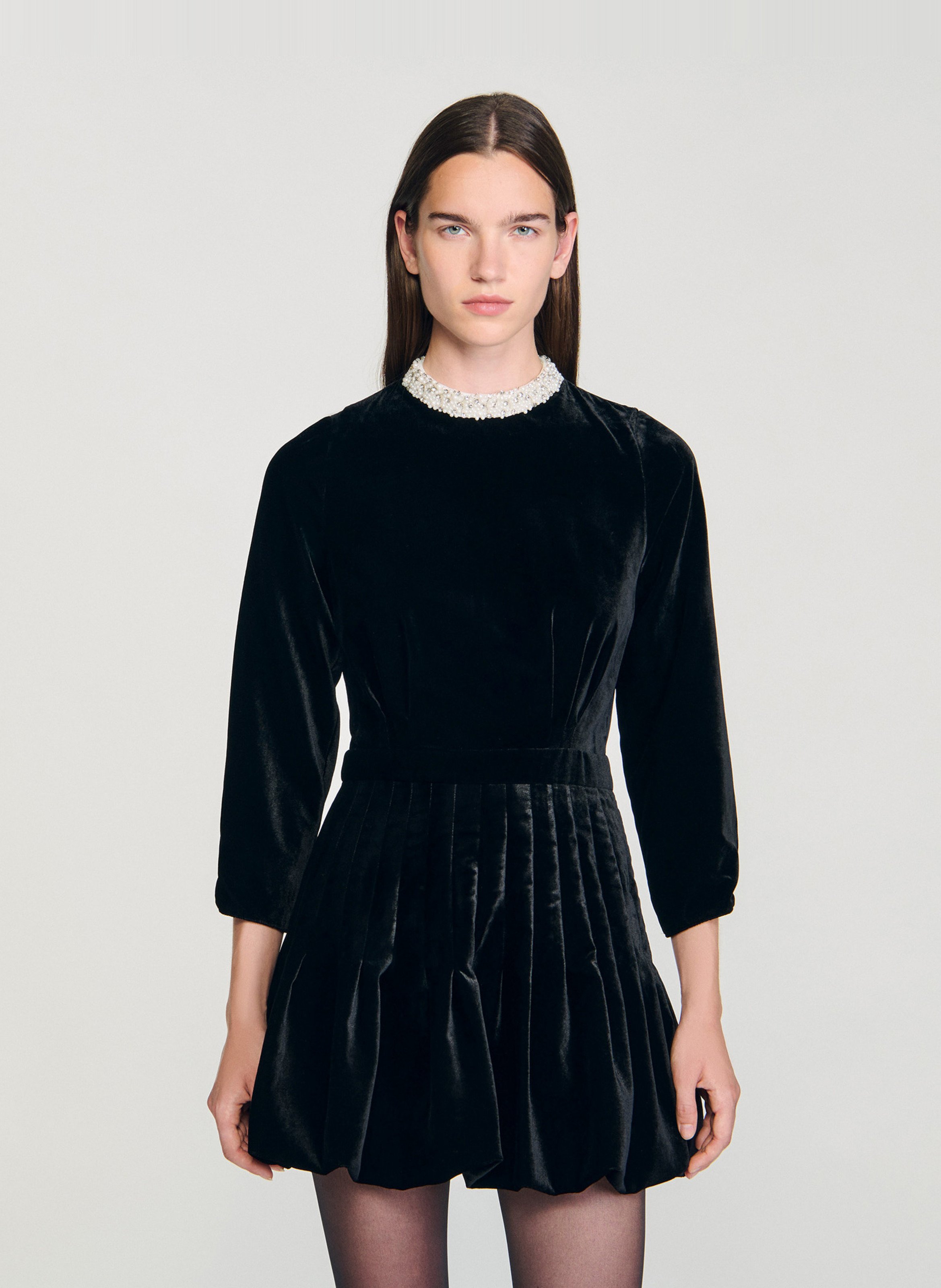 Robe courte col rond en velours SANDRO Noir