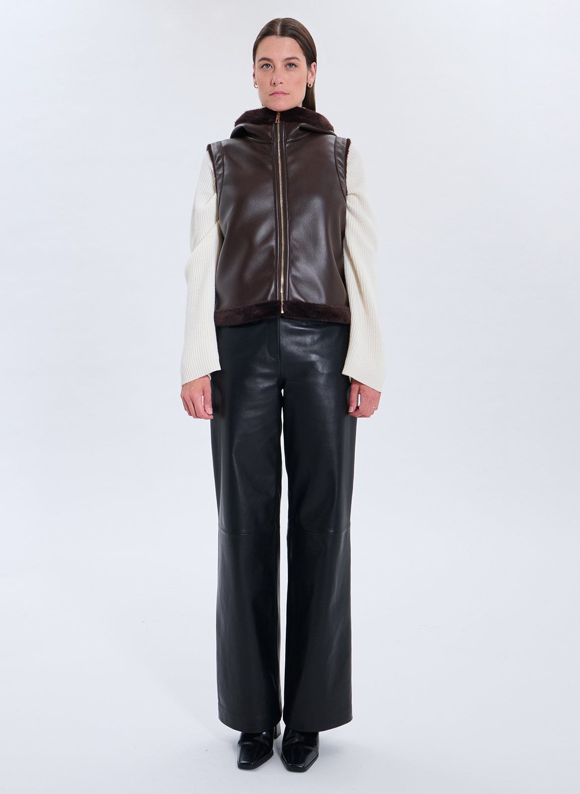 Straight jacket with high collar in faux fur ZAPA Brown