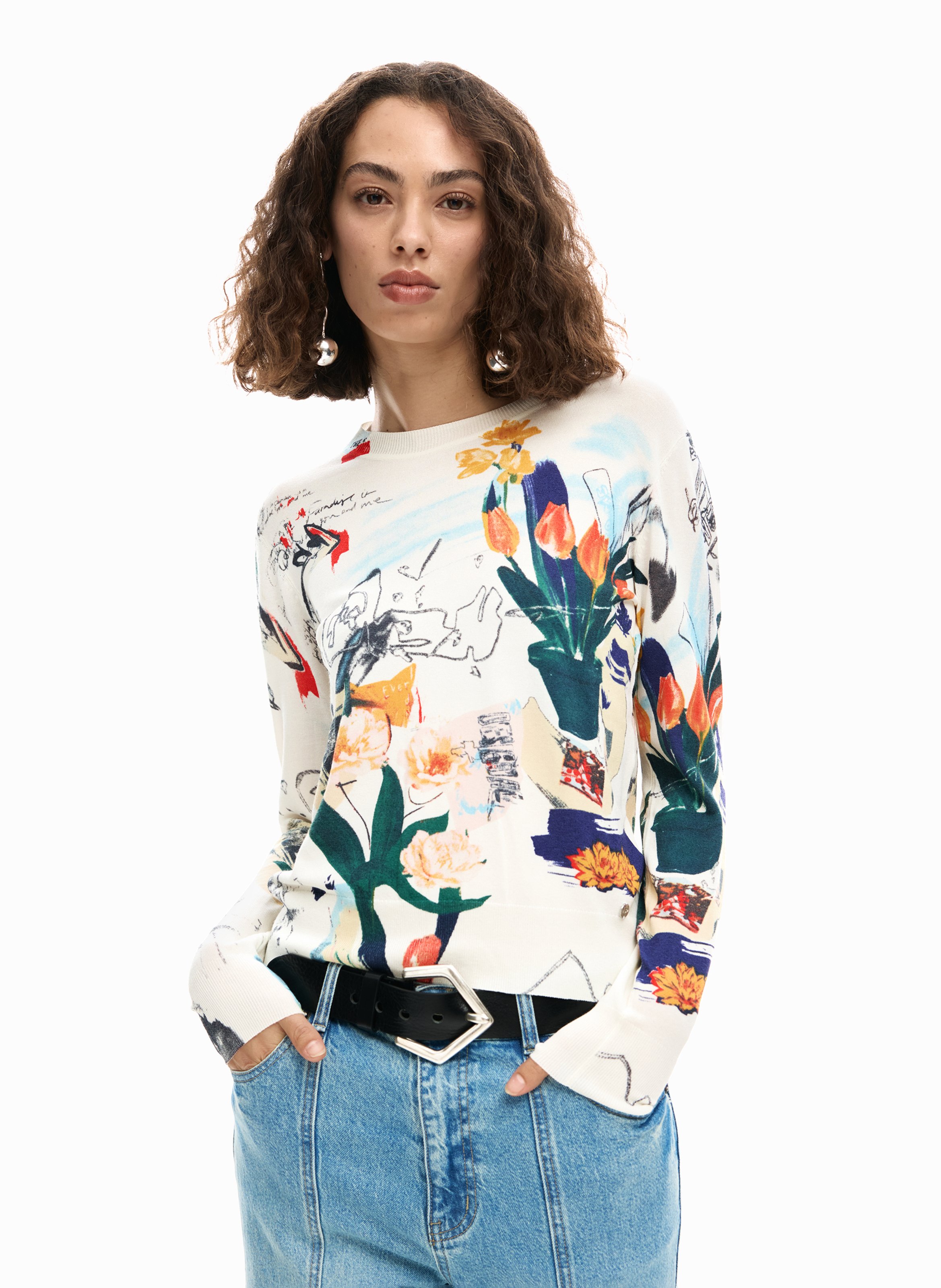 Round-neck knitted top with patterns DESIGUAL White