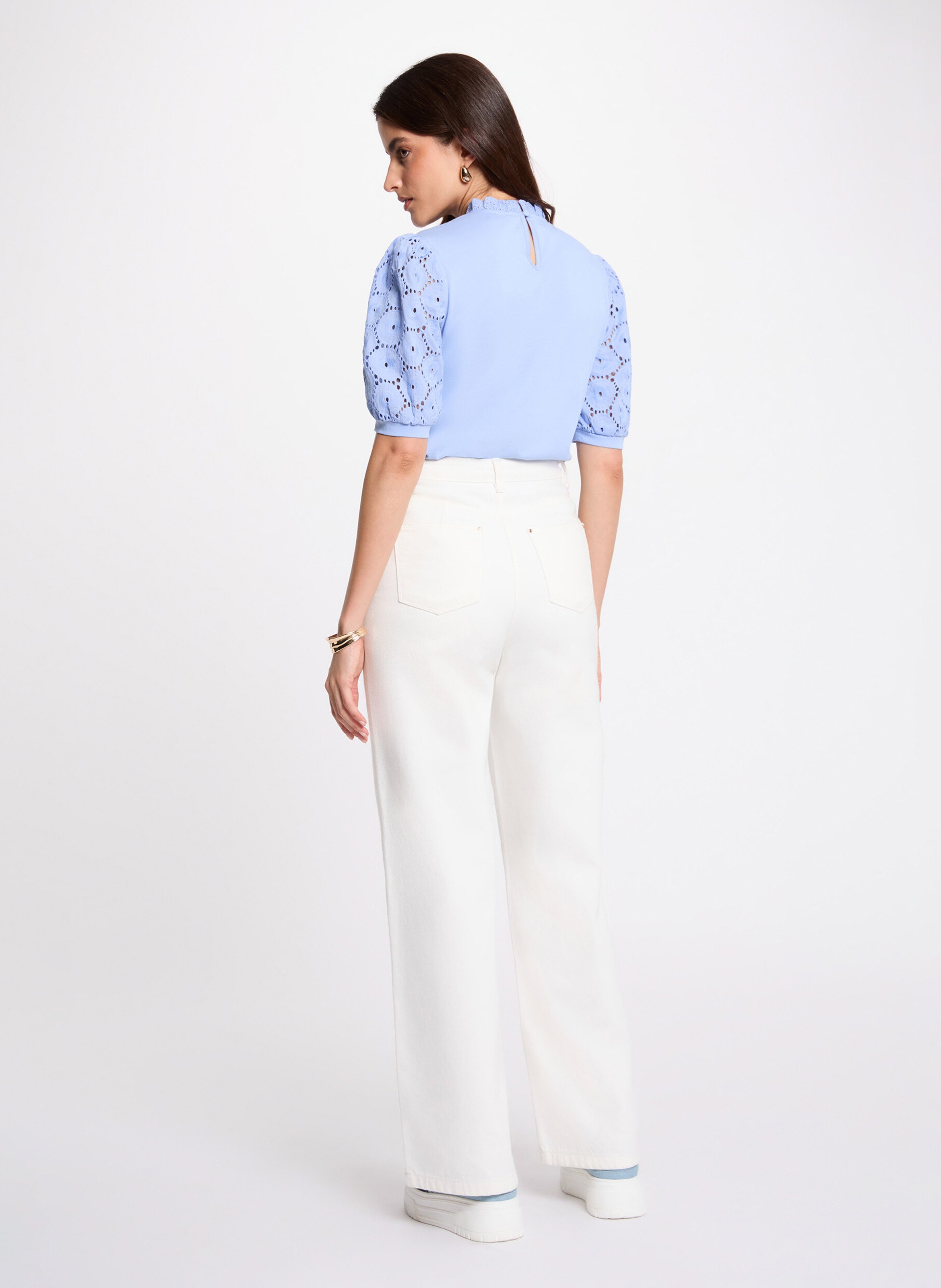 Embroidered round-neck cotton top MORGAN Blue